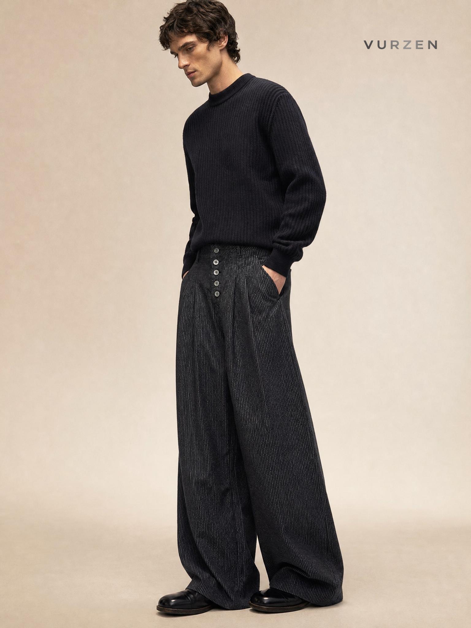 Vintage Black Striped High-Waist Wide-Leg Jeans detail