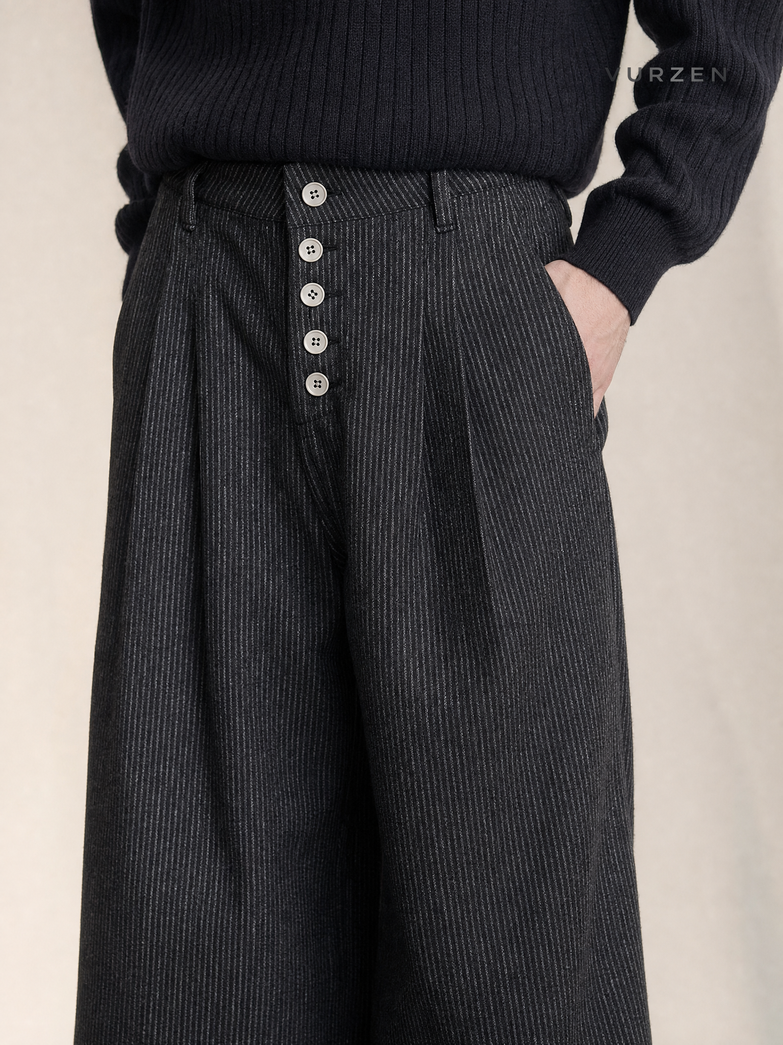 Vintage Black Striped High-Waist Wide-Leg Jeans detail