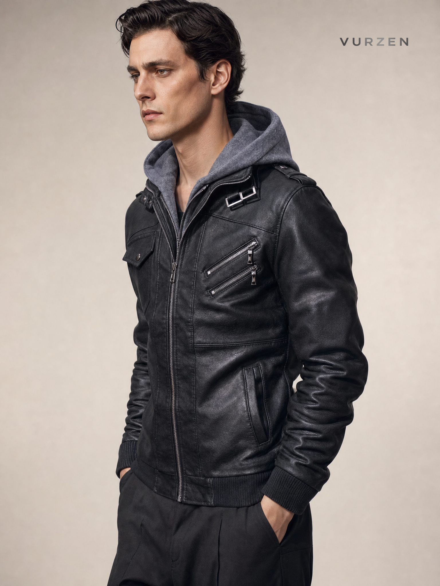 Men's Slim Fit PU Leather Hooded Jacket - Autumn Men