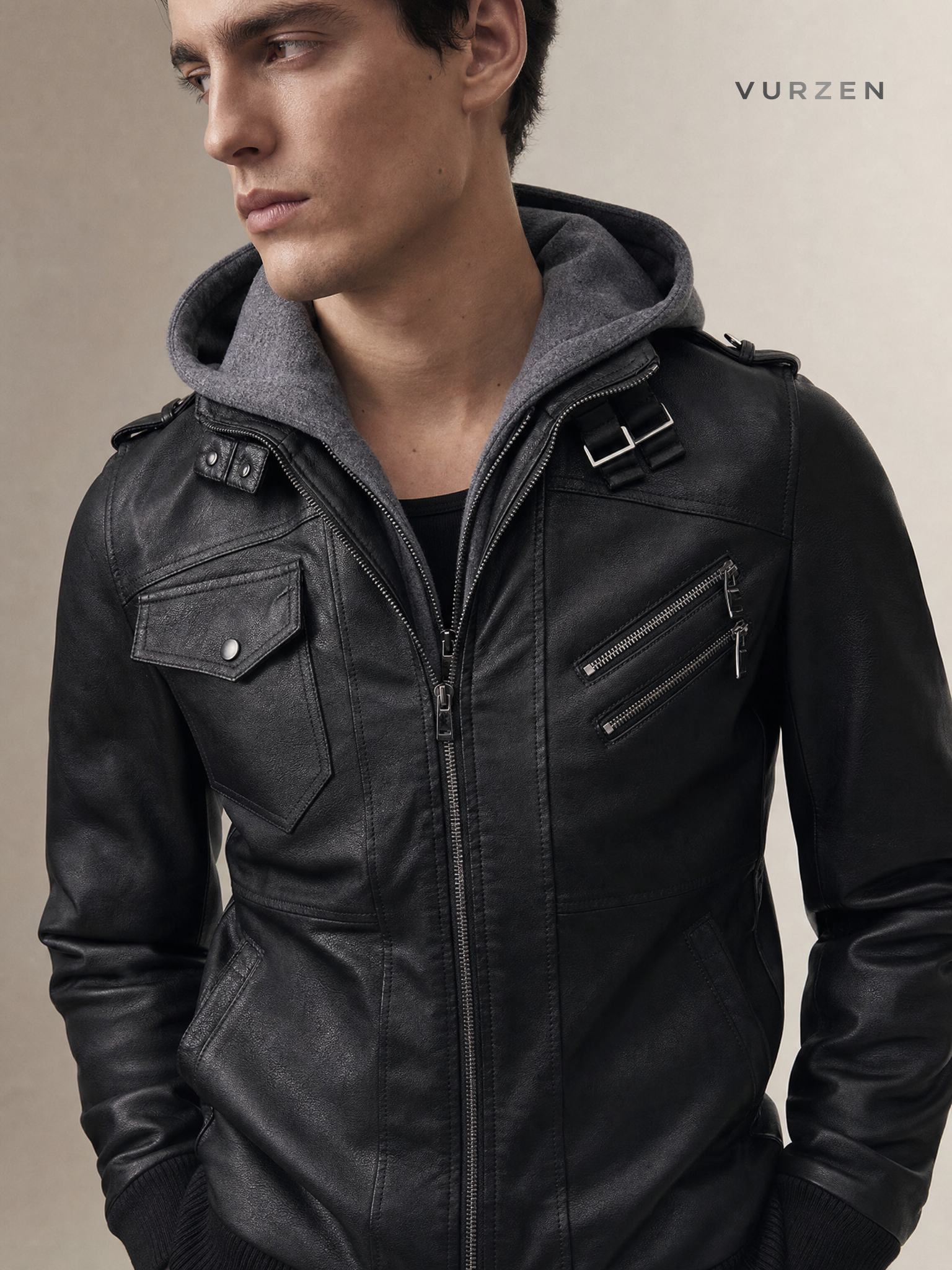 Men's Slim Fit PU Leather Hooded Jacket - Autumn Men