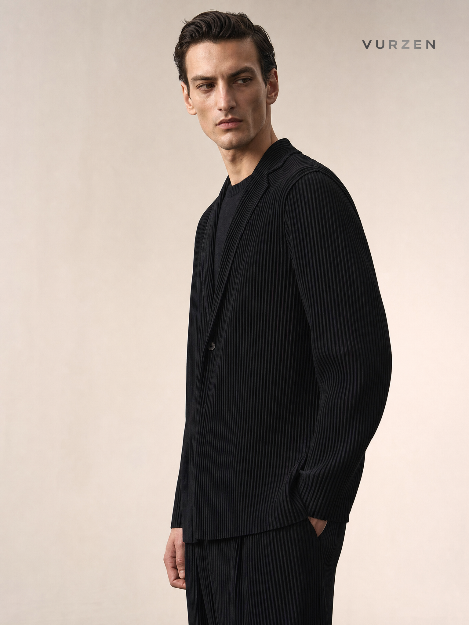 Fully Lined Japanese Miyake-Inspired Pleated Blazer for Men with a Draped, Relaxed Fit – Versatile Casual Suit Jacket JD201 detail