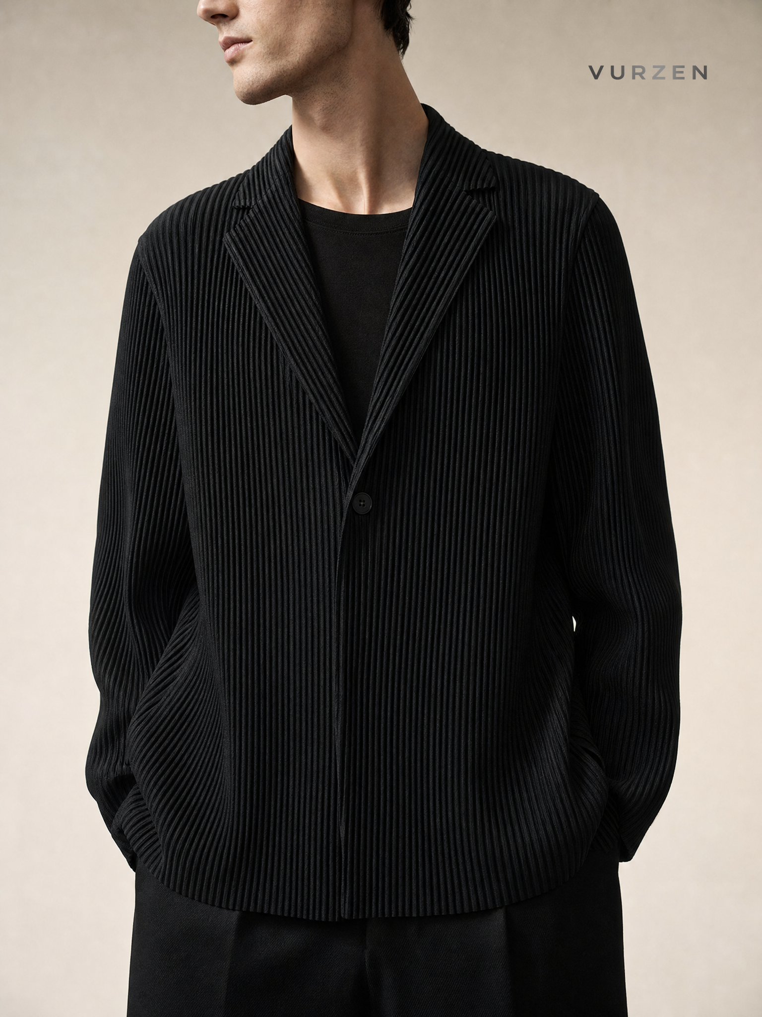 Fully Lined Japanese Miyake-Inspired Pleated Blazer for Men with a Draped, Relaxed Fit – Versatile Casual Suit Jacket JD201 detail