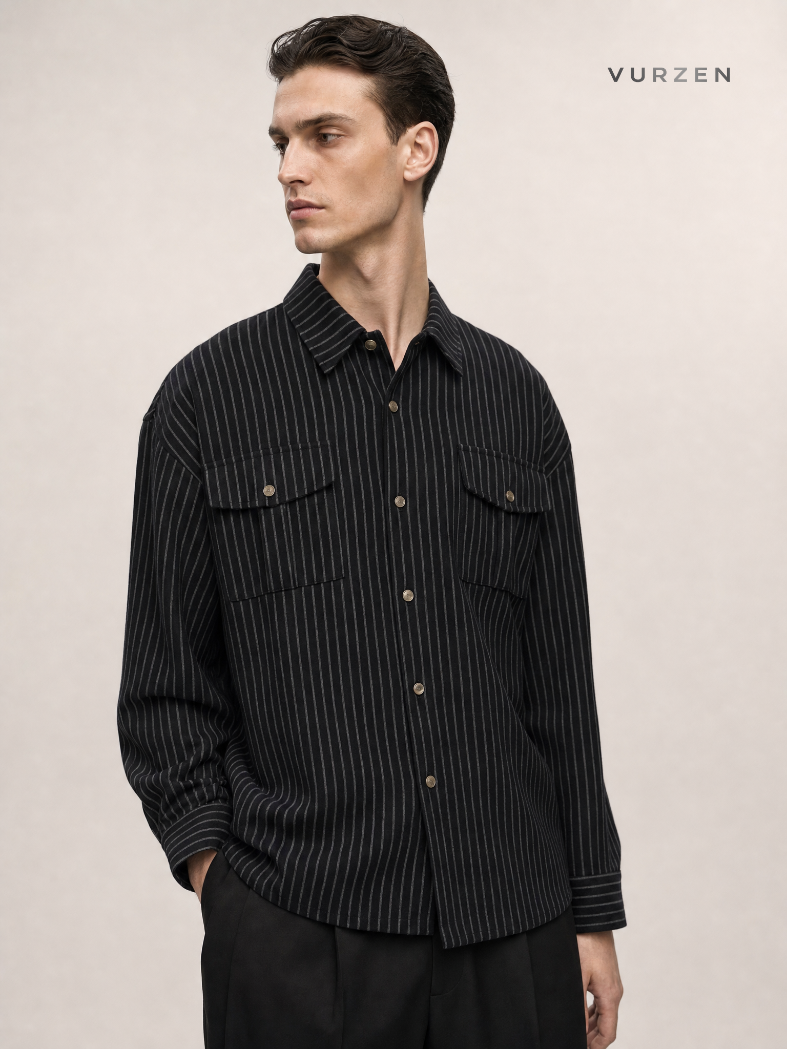 Japanese Vintage Striped Overshirt Unisex Long Sleeve detail
