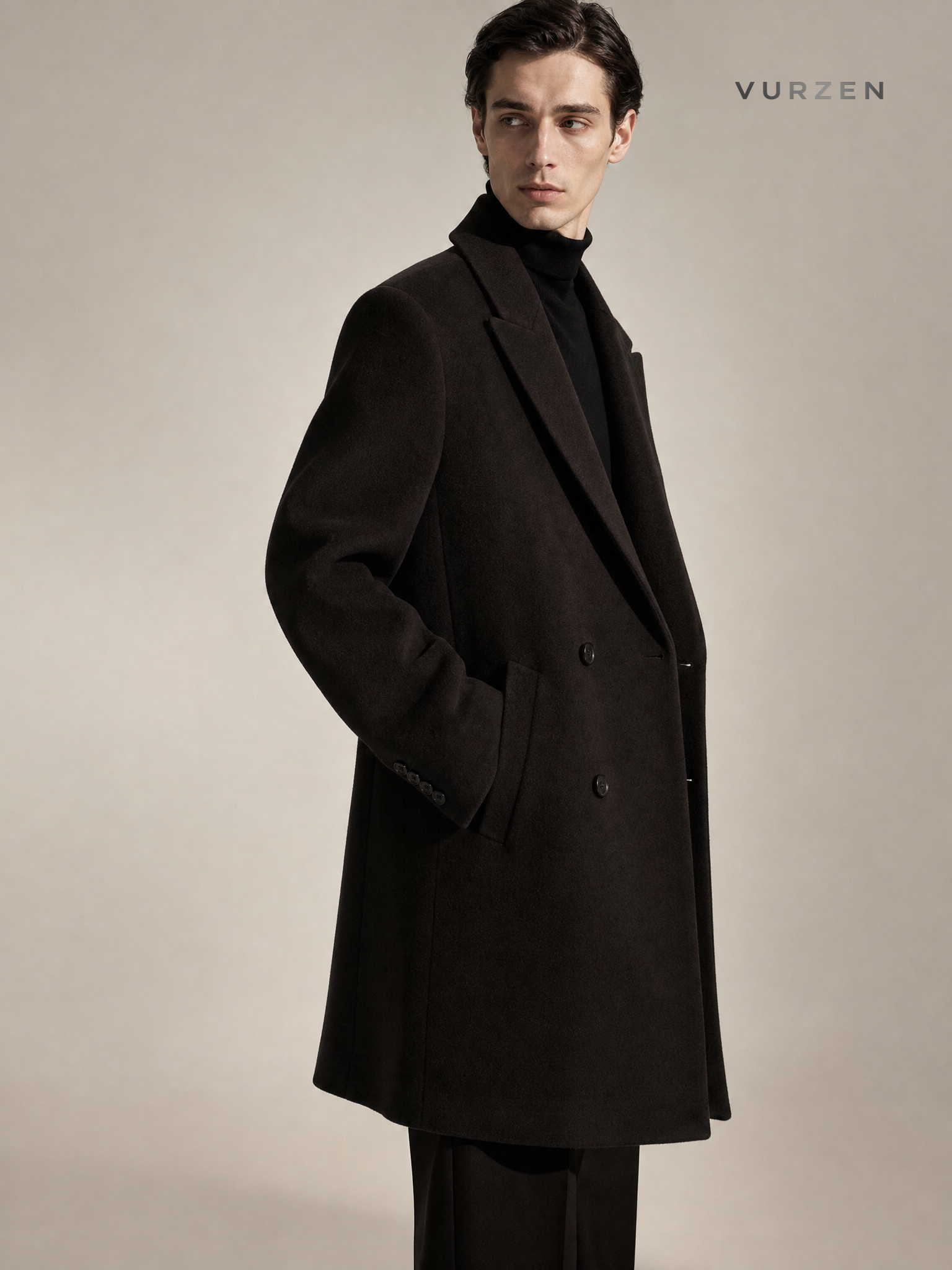 ASCLO Black Double-Breasted Wool Coat for Men detail
