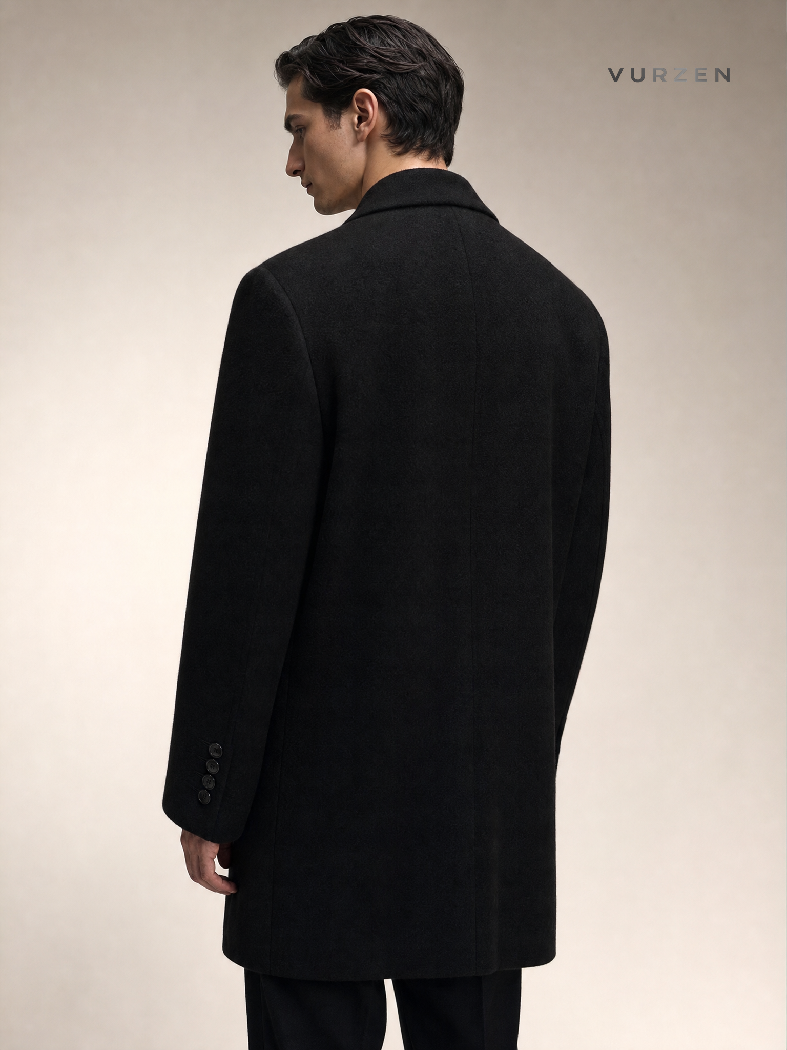 ASCLO Black Double-Breasted Wool Coat for Men detail