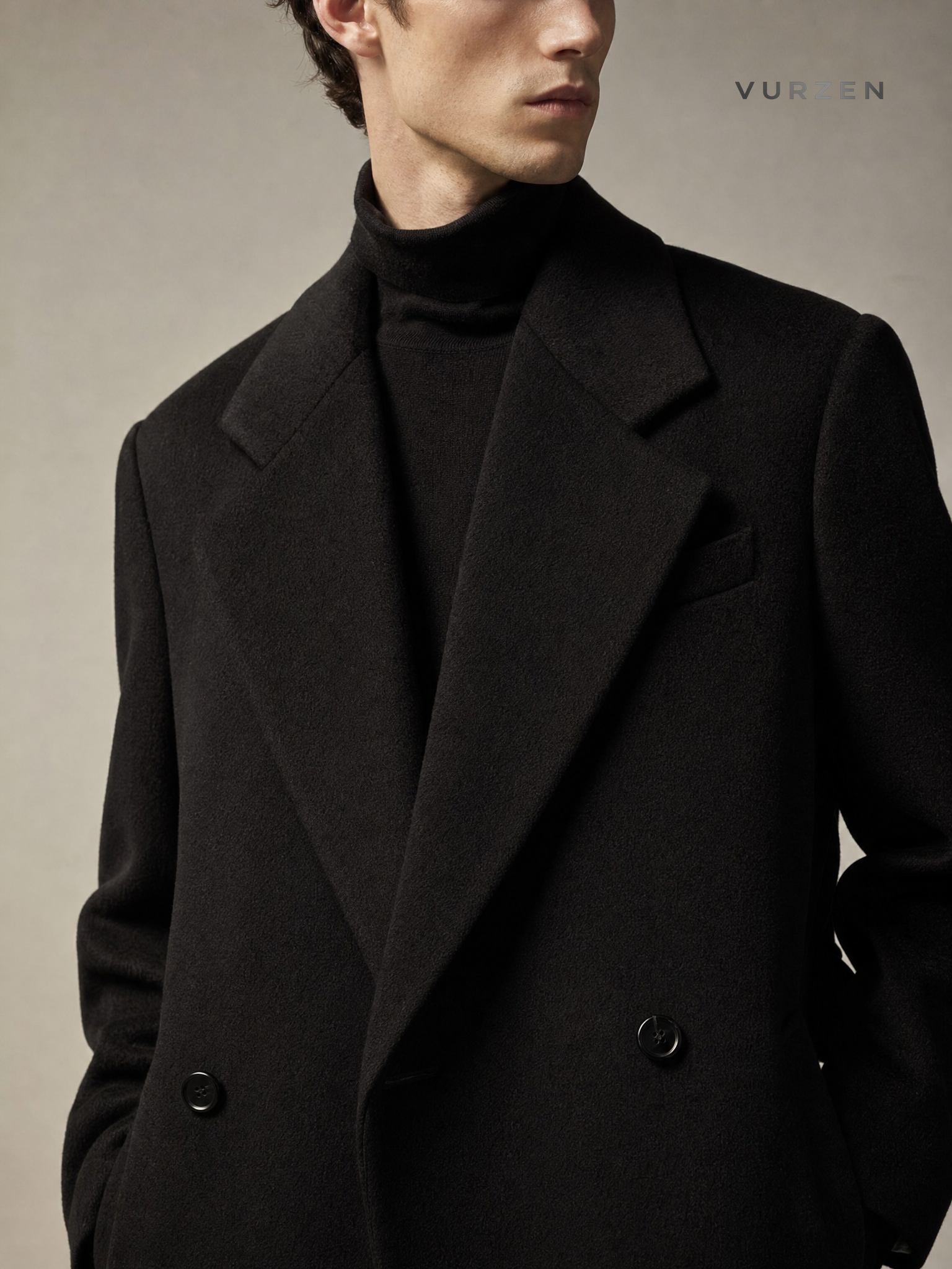 ASCLO Black Double-Breasted Wool Coat for Men detail