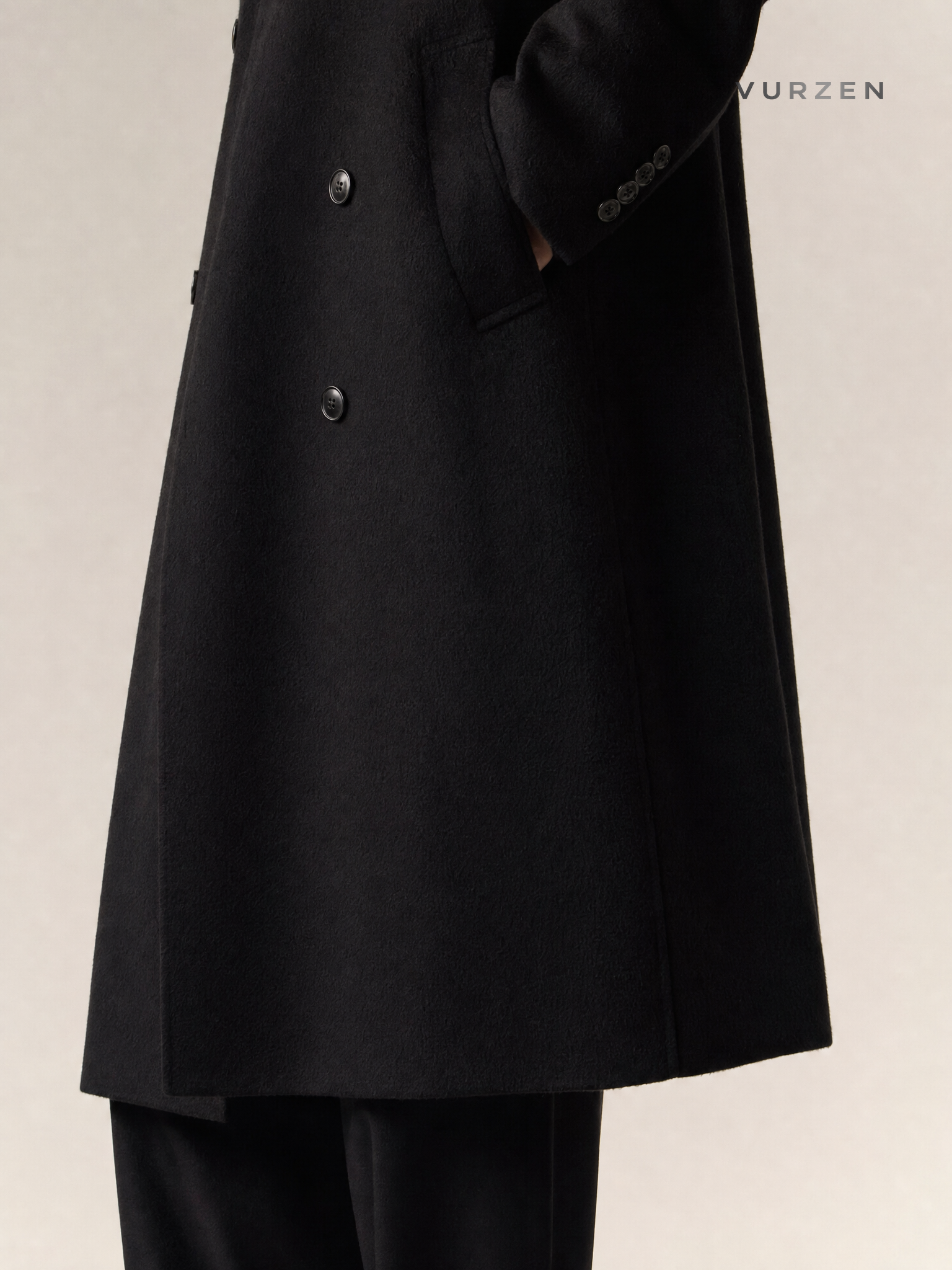 ASCLO Black Double-Breasted Wool Coat for Men detail