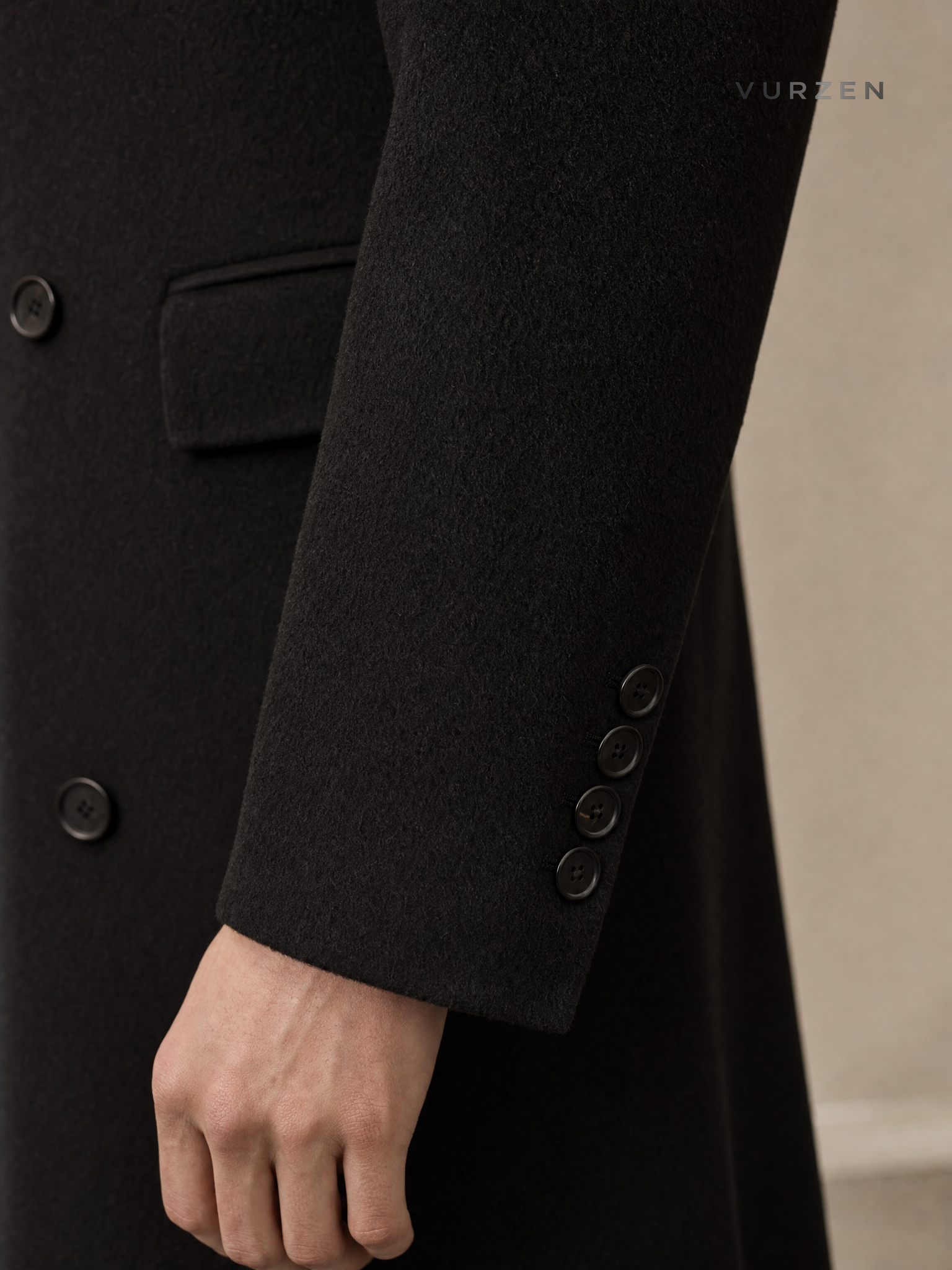 ASCLO Black Double-Breasted Wool Coat for Men detail