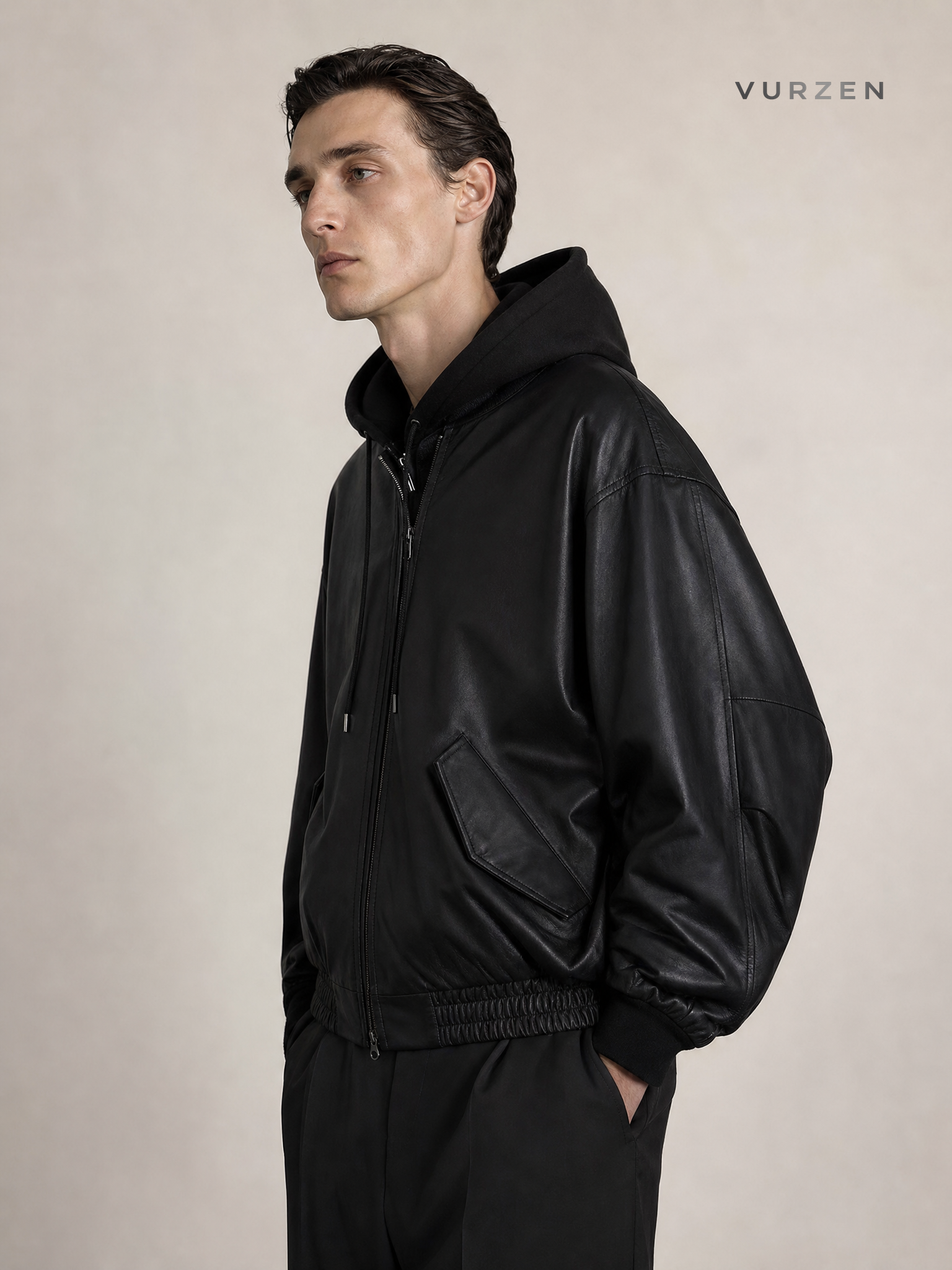 MYQ Men’s PU Leather Hooded Jacket 2024 Spring detail