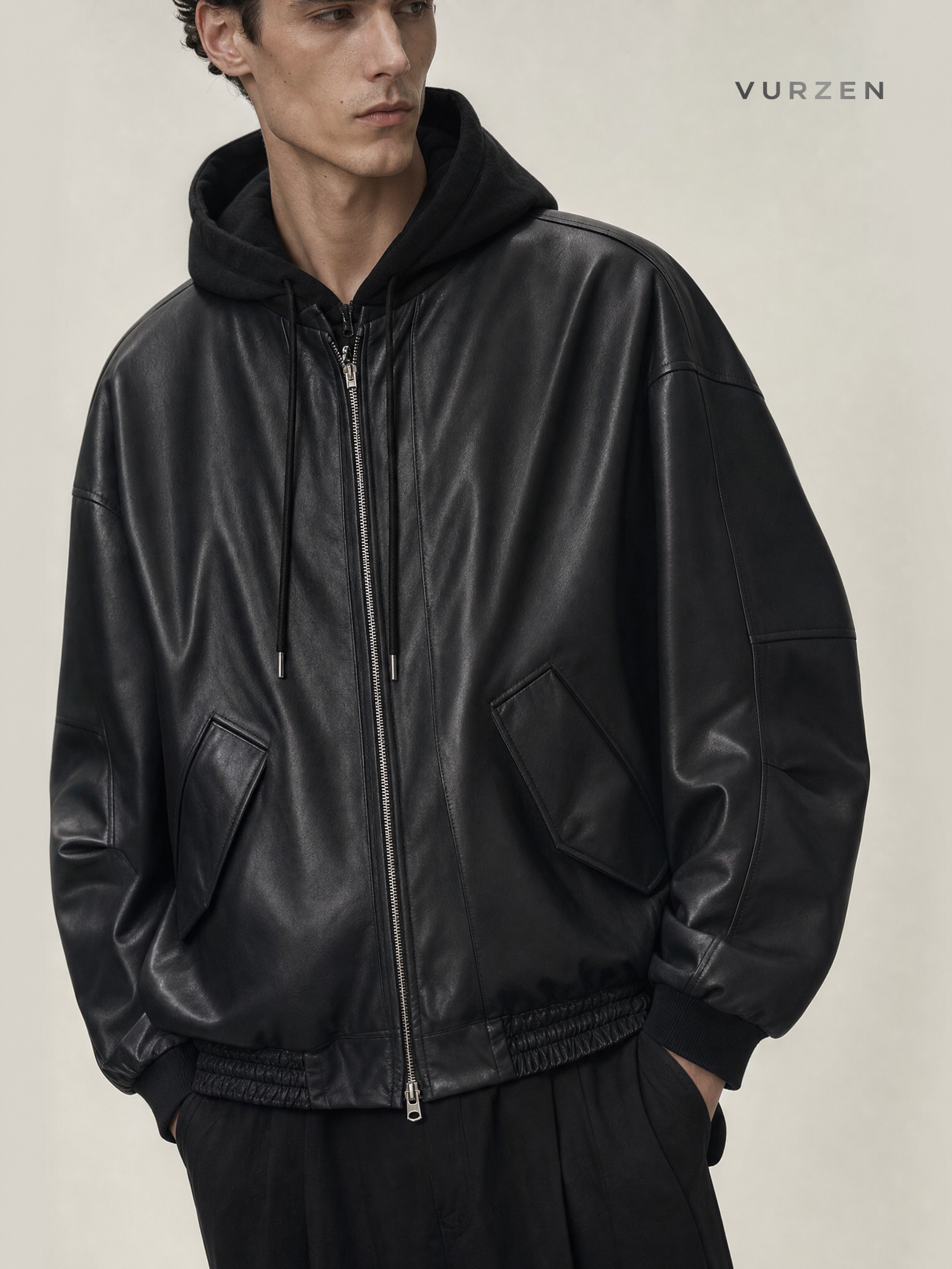 MYQ Men’s PU Leather Hooded Jacket 2024 Spring detail