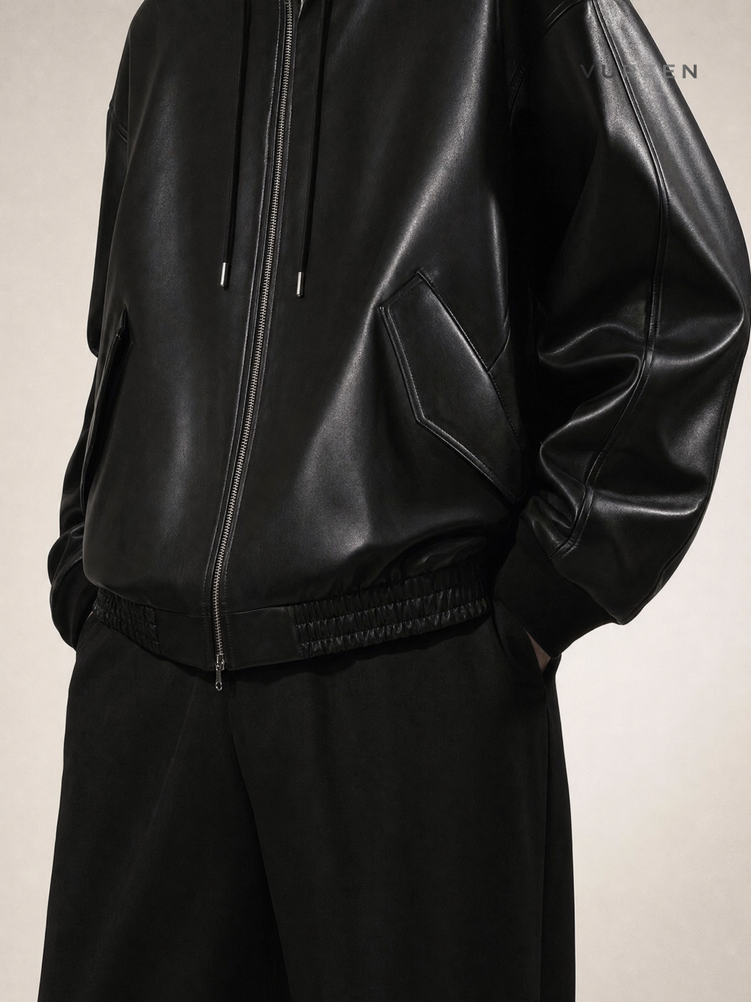 MYQ Men’s PU Leather Hooded Jacket 2024 Spring detail