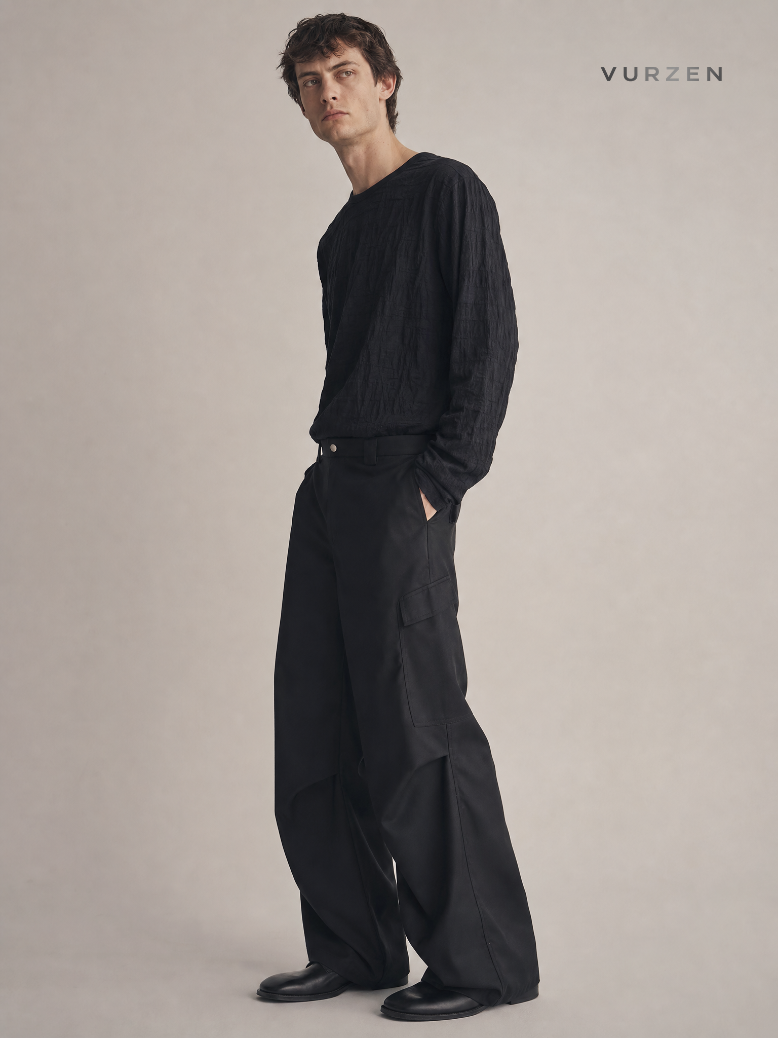 11KN Classic Grey Pleated Wide-Leg Trousers detail