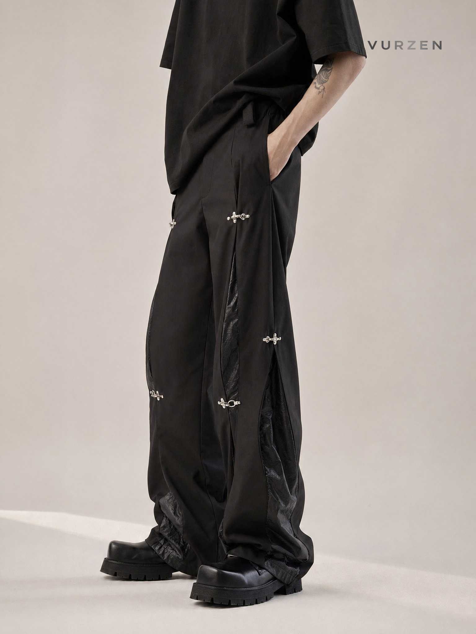 Premium Loose Fit PU Spliced Casual Dress Pants detail