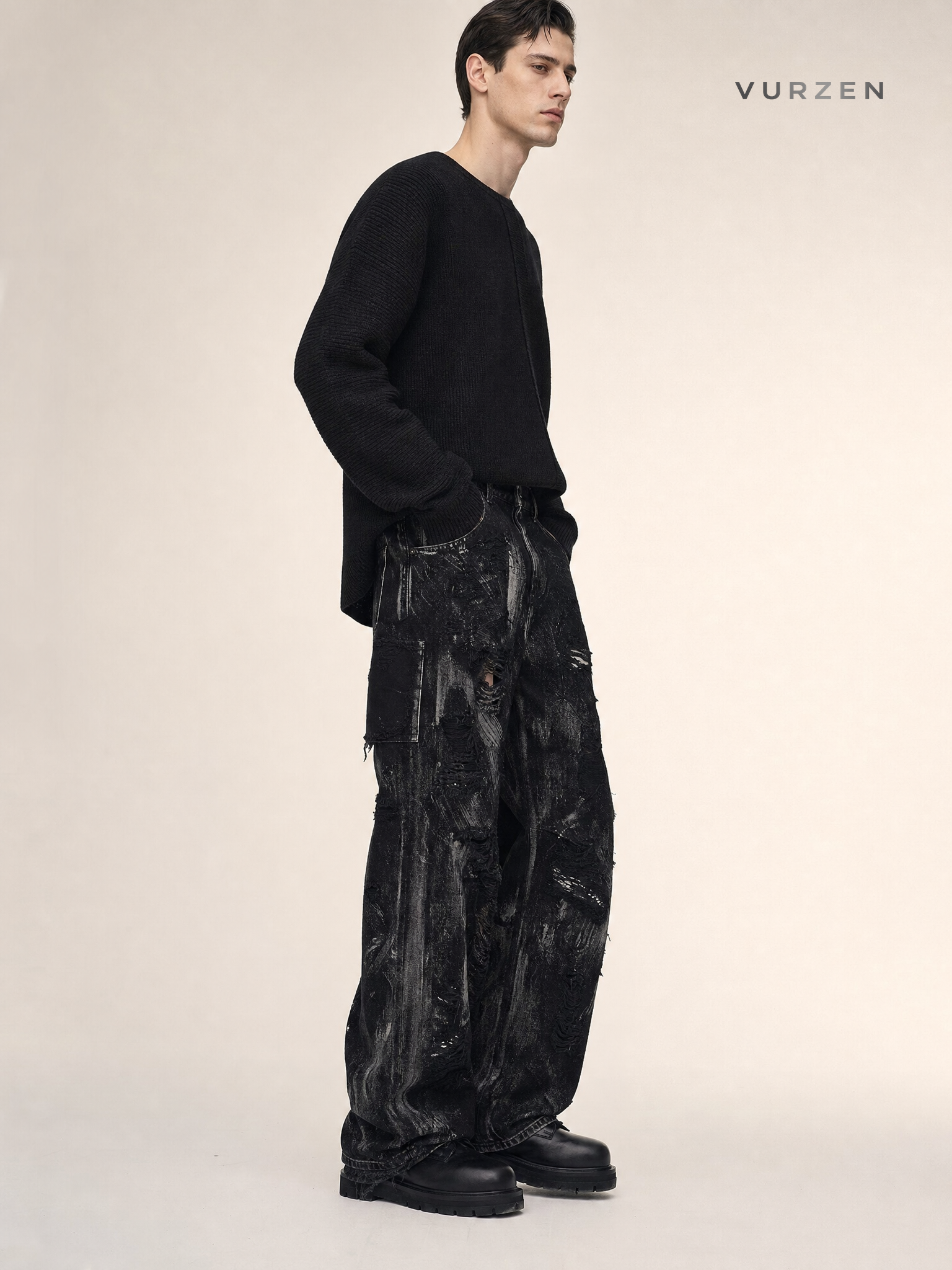 Black Washed Streetwear Straight-Leg Denim Jeans detail