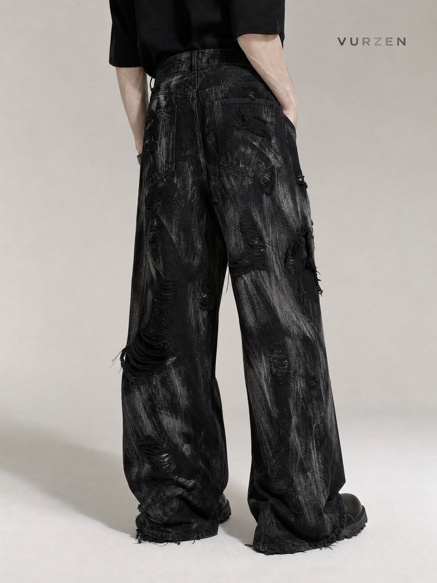 Black Washed Streetwear Straight-Leg Denim Jeans detail