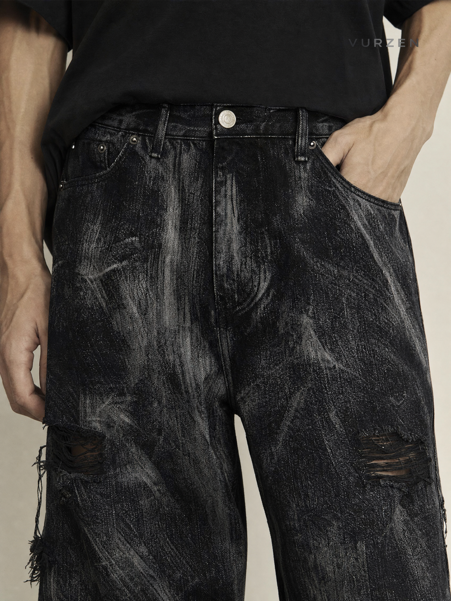 Black Washed Streetwear Straight-Leg Denim Jeans detail