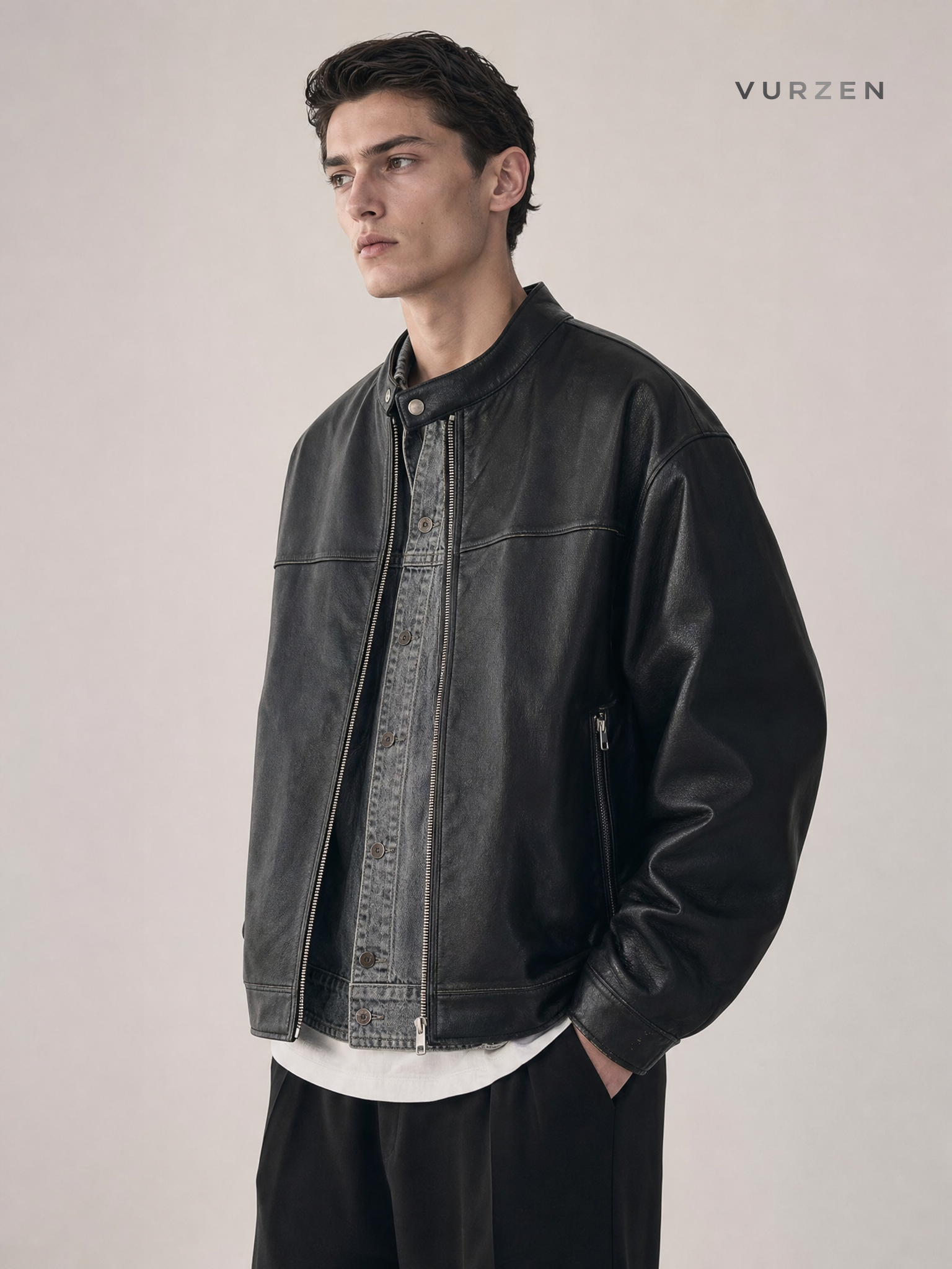 Retro PU Leather Aviator Biker Jacket for Men detail