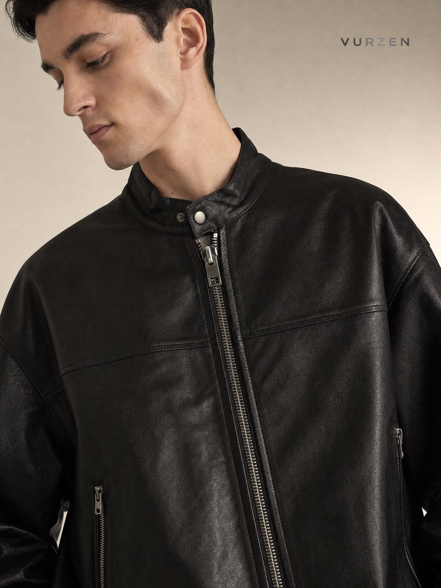 Retro PU Leather Aviator Biker Jacket for Men detail