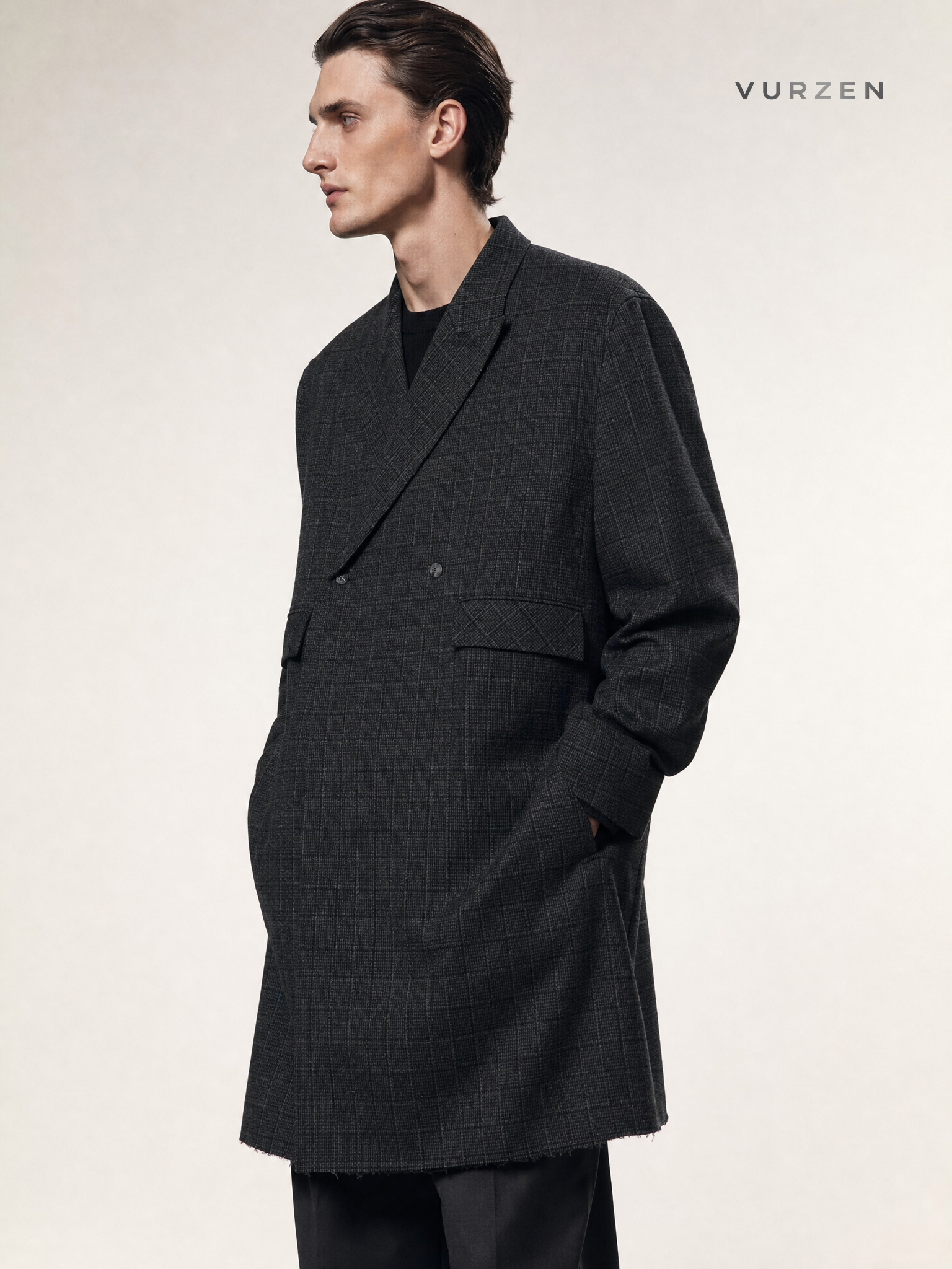 MTLCLOTHES Plaid Loose Wool Blend Long Coat detail