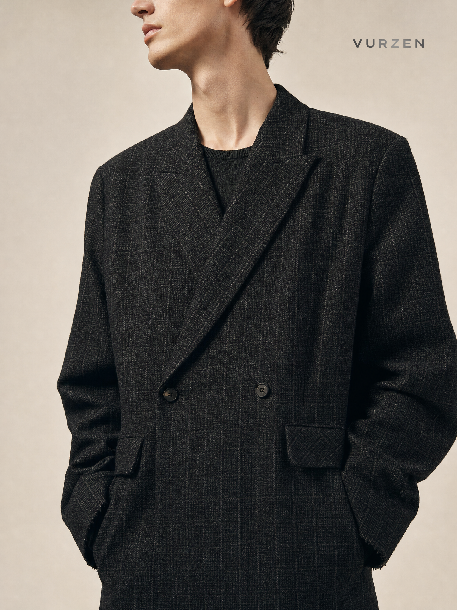 MTLCLOTHES Plaid Loose Wool Blend Long Coat detail