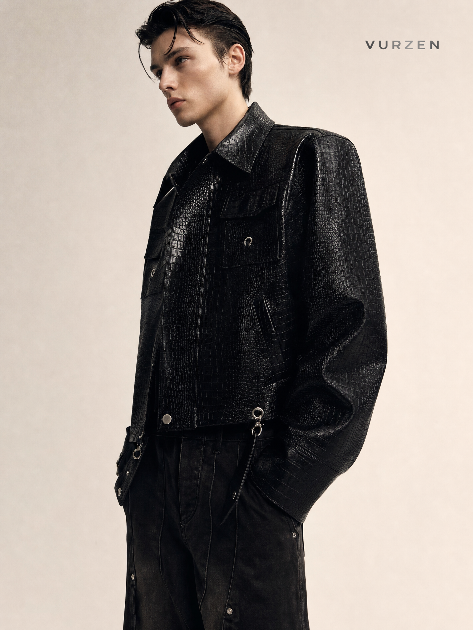2024 Croc-Texture PU Leather Patchwork Jacket detail
