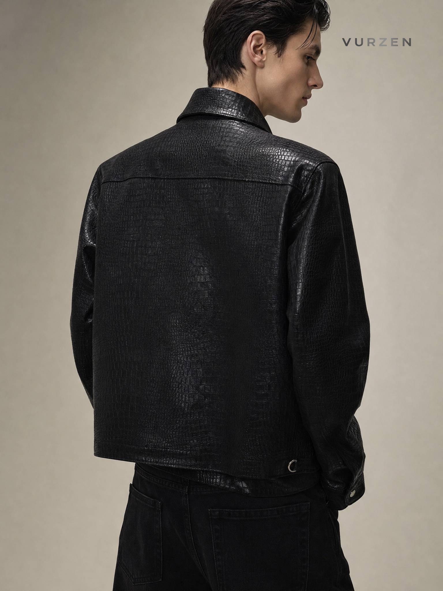 2024 Croc-Texture PU Leather Patchwork Jacket detail