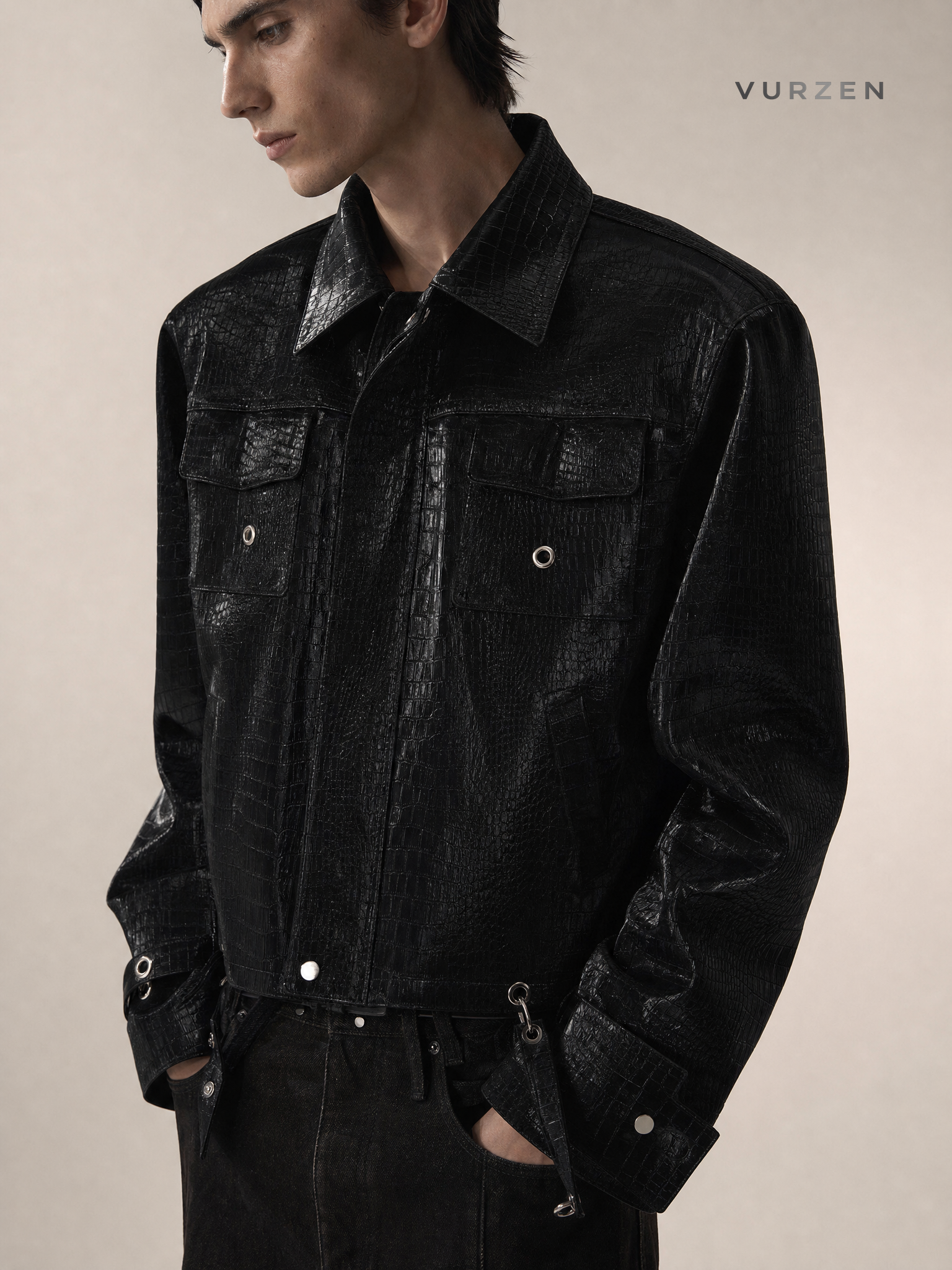 2024 Croc-Texture PU Leather Patchwork Jacket detail