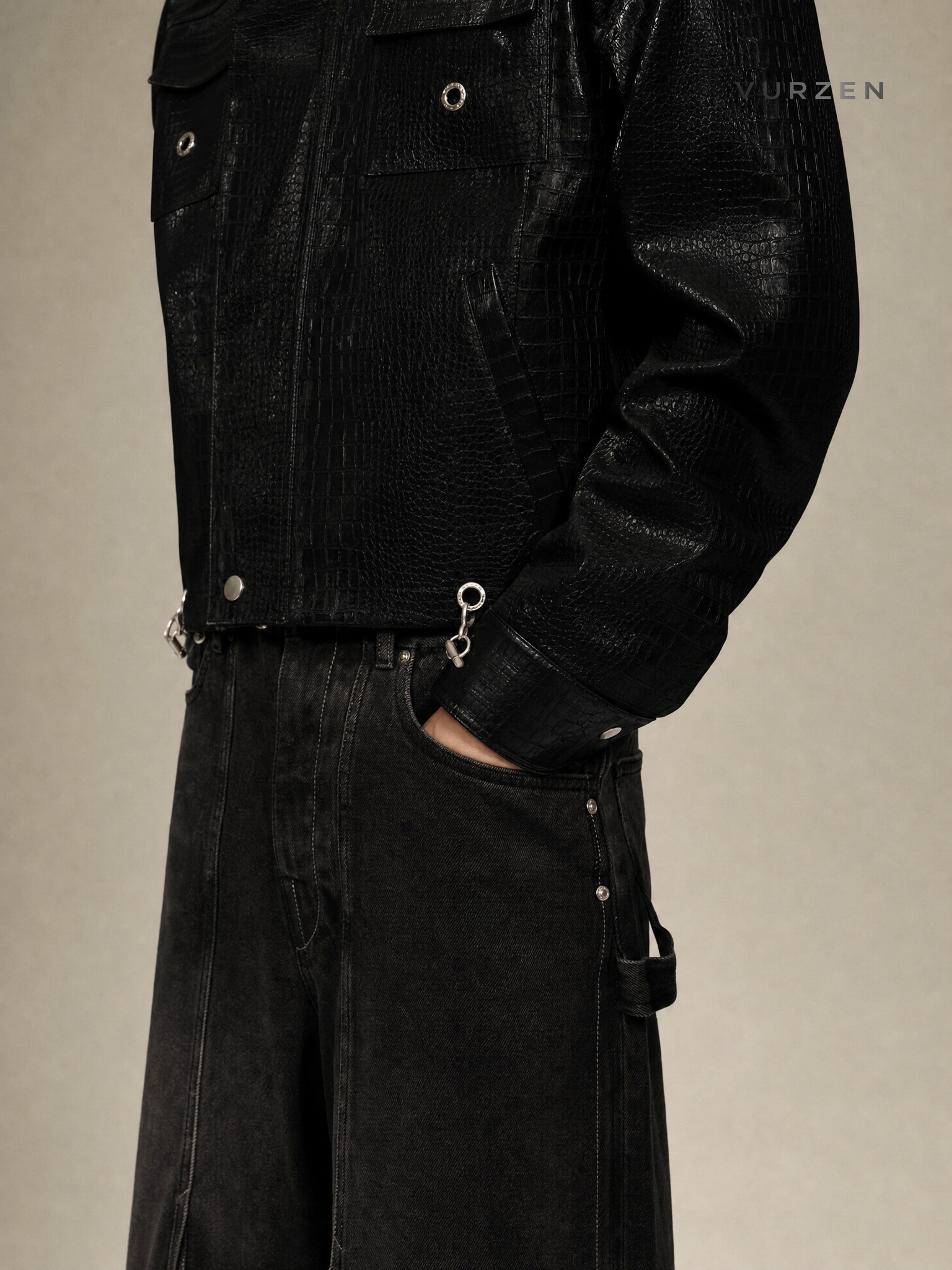 2024 Croc-Texture PU Leather Patchwork Jacket detail