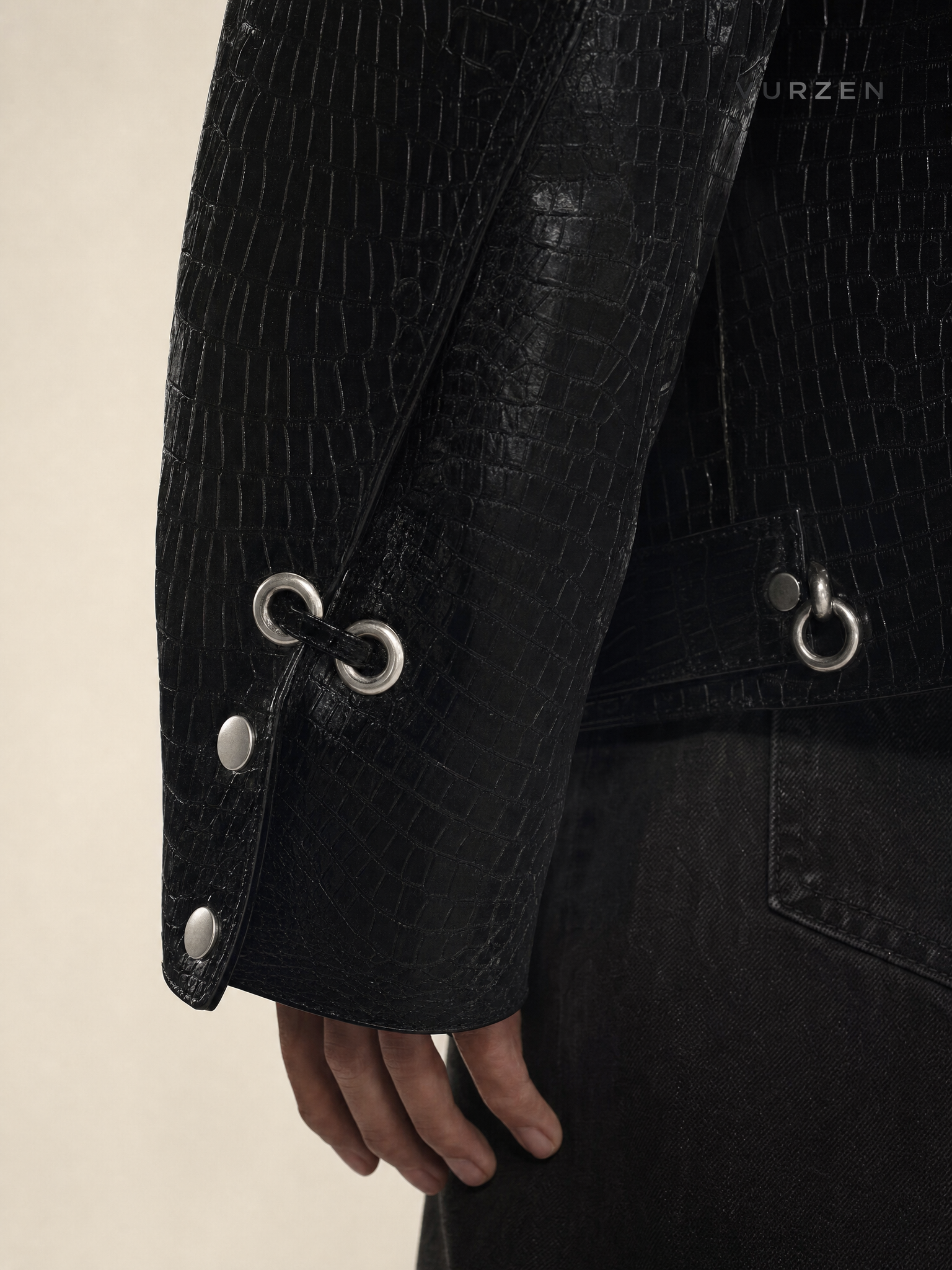 2024 Croc-Texture PU Leather Patchwork Jacket detail