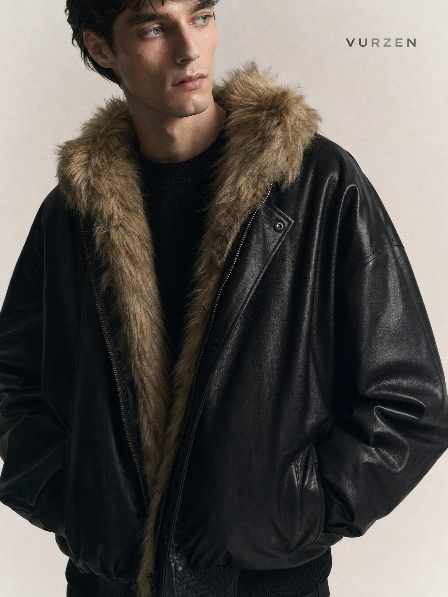 Men’s Premium Reversible Faux Fur Winter Jacket detail