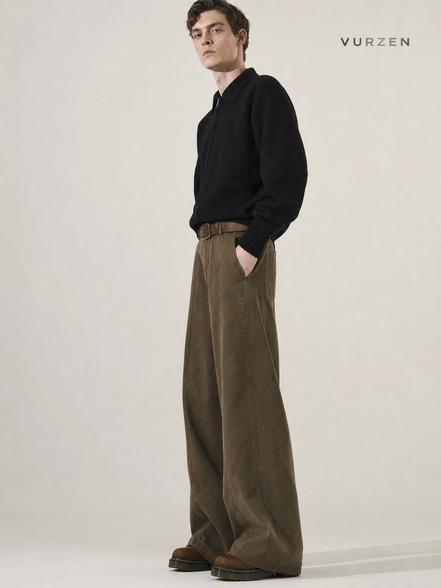 2025 Brown Relaxed Fit Straight Leg Denim Pants detail