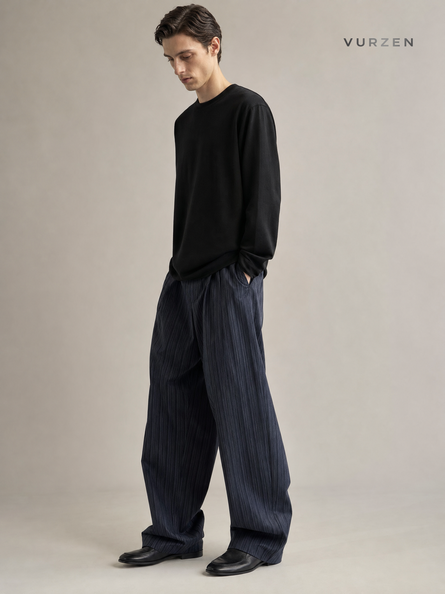 Vintage Black Blue Striped Wide-Leg Casual Pants detail