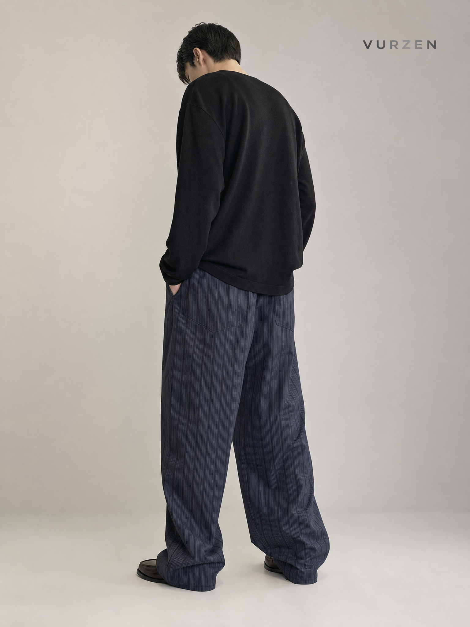 Vintage Black Blue Striped Wide-Leg Casual Pants detail