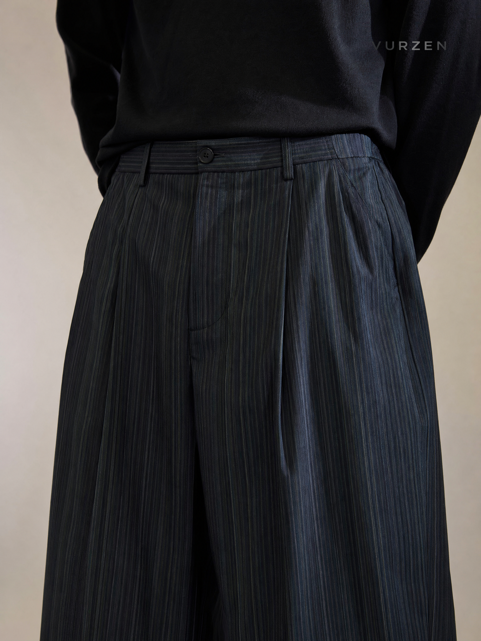 Vintage Black Blue Striped Wide-Leg Casual Pants detail