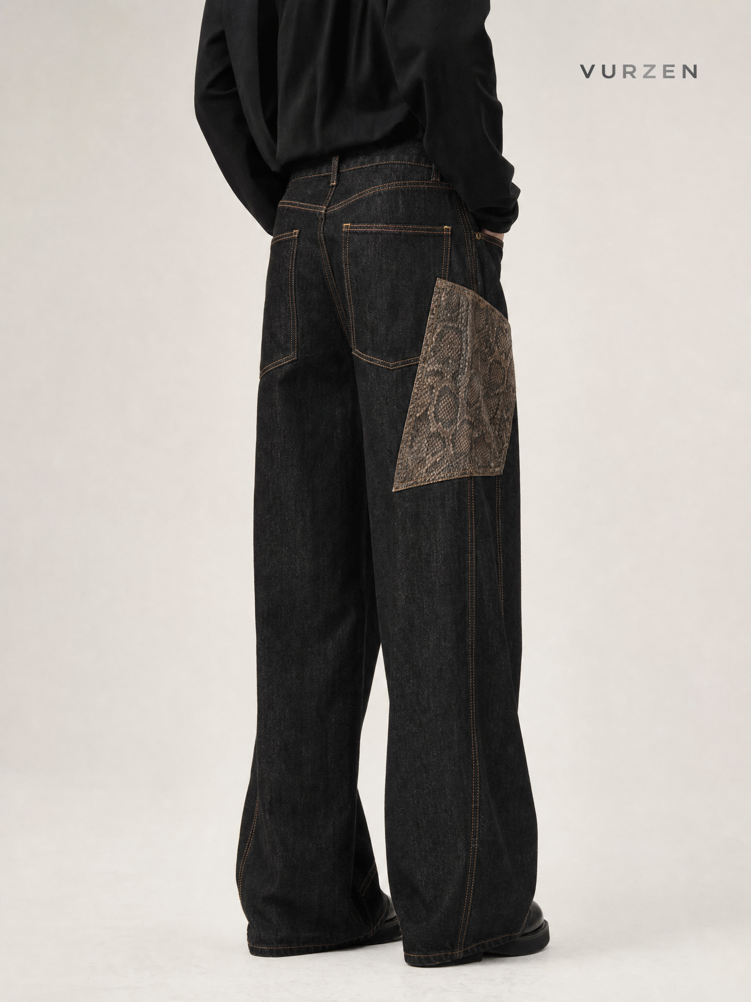 Vintage Plaid Patchwork Straight Leg Denim Jeans detail