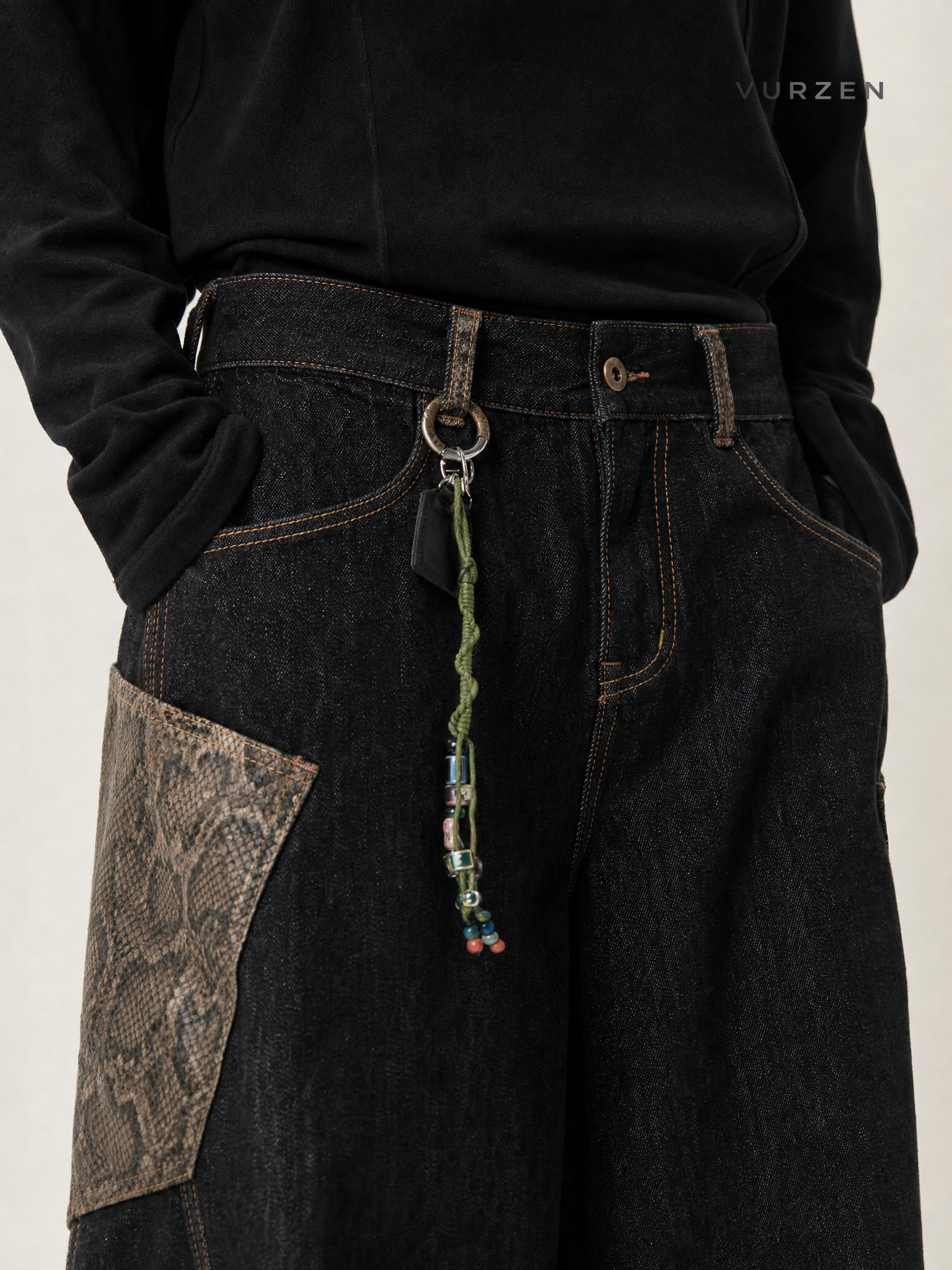 Vintage Plaid Patchwork Straight Leg Denim Jeans detail