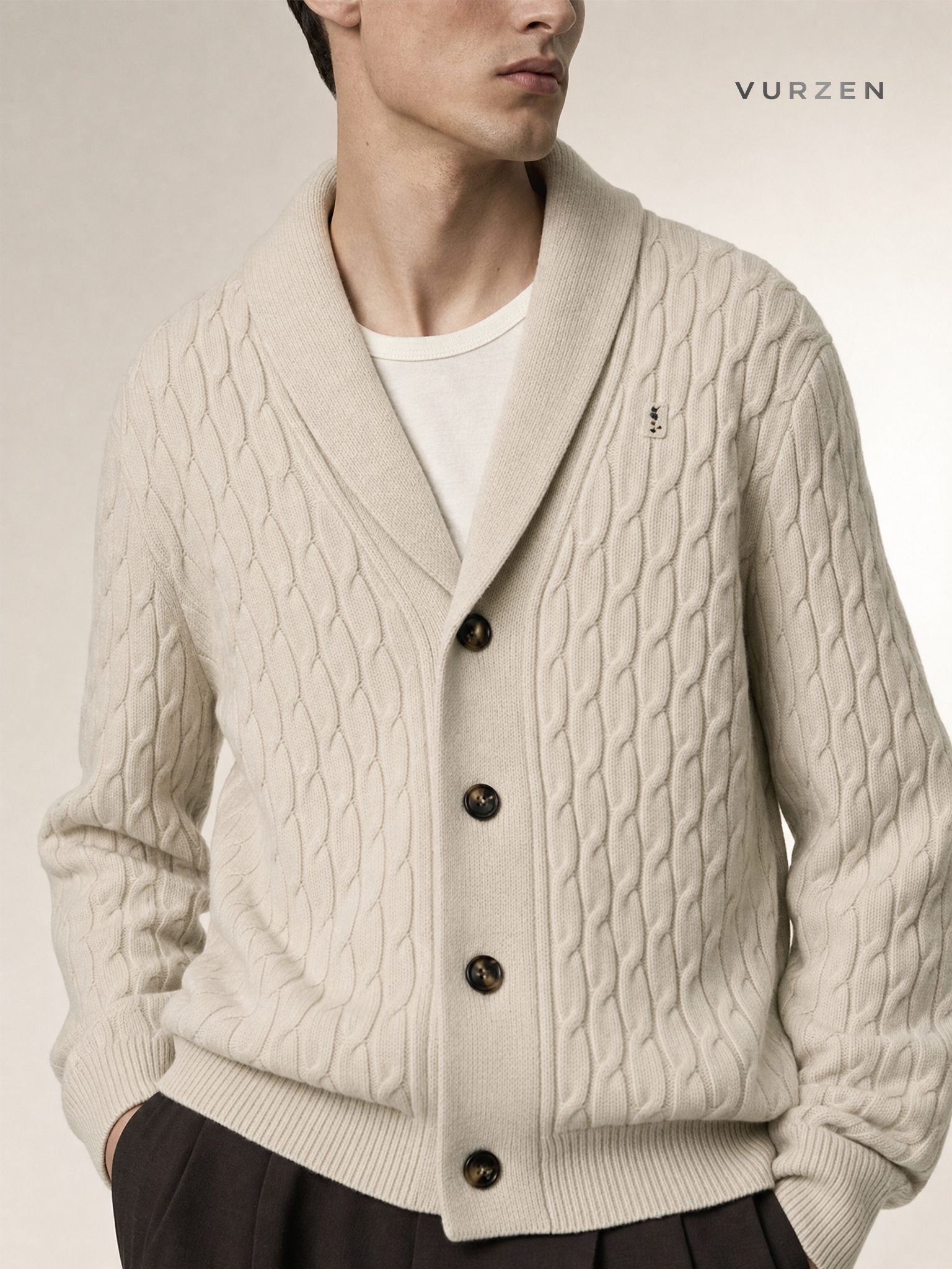 Premium 100% Wool Men’s Cardigan Sweater detail