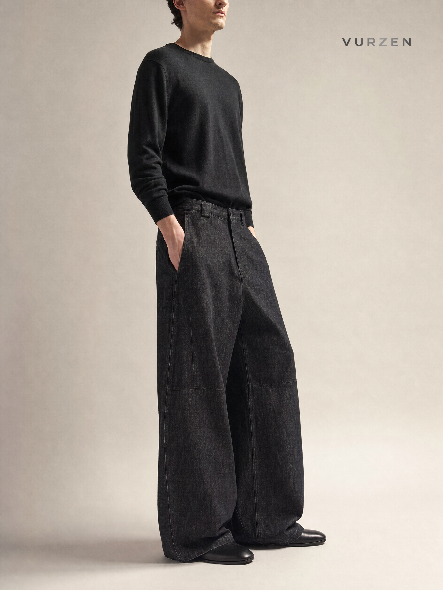 11KN Black Washed Loose Straight-Leg Denim Jeans detail