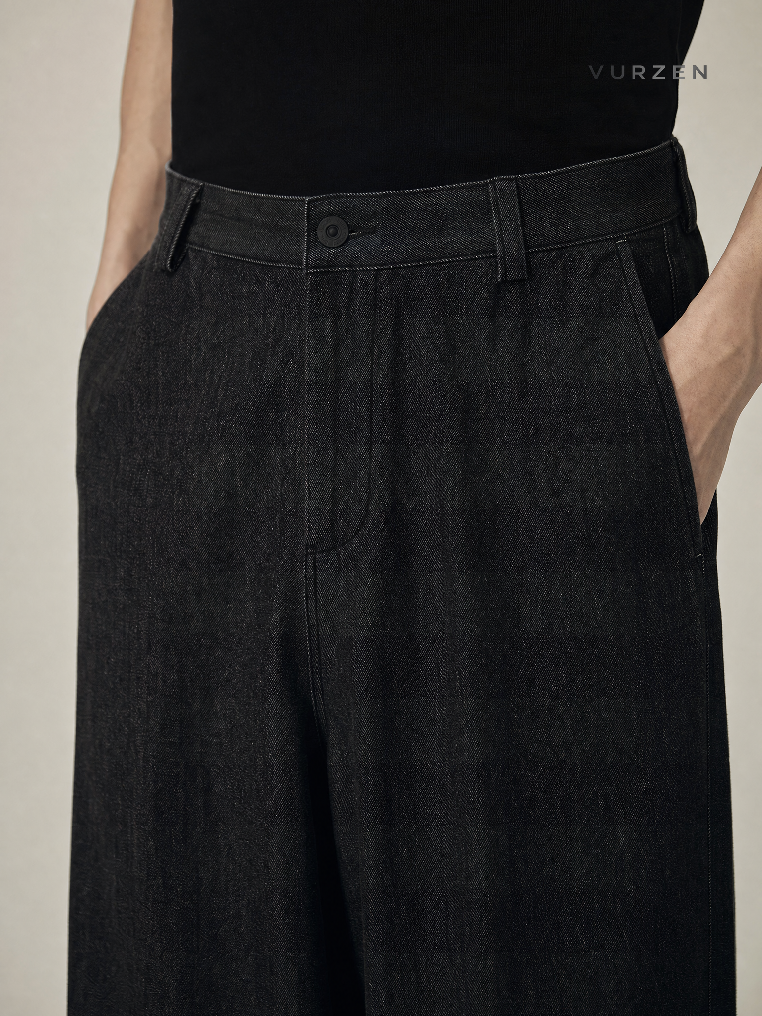 11KN Black Washed Loose Straight-Leg Denim Jeans detail
