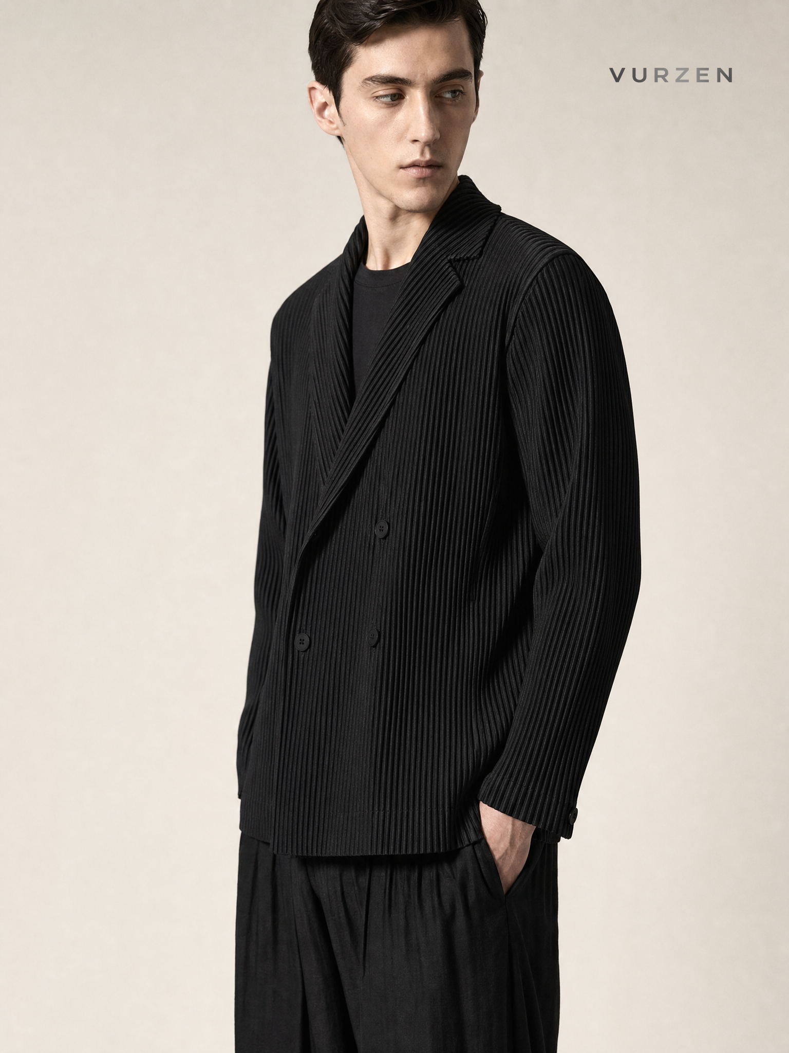 Japanese Miyake Pleated Double-Breasted Blazer detail