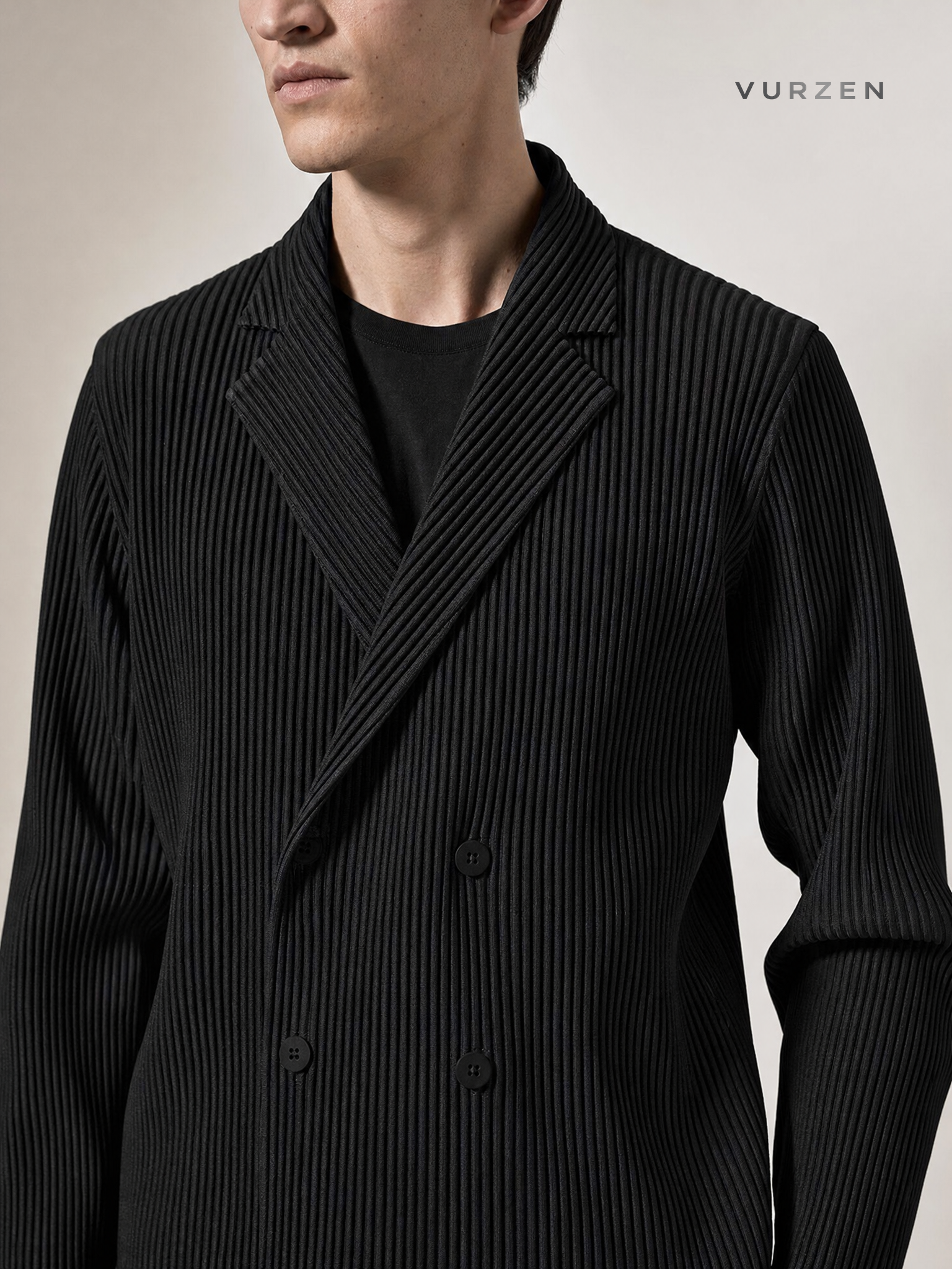 Japanese Miyake Pleated Double-Breasted Blazer detail