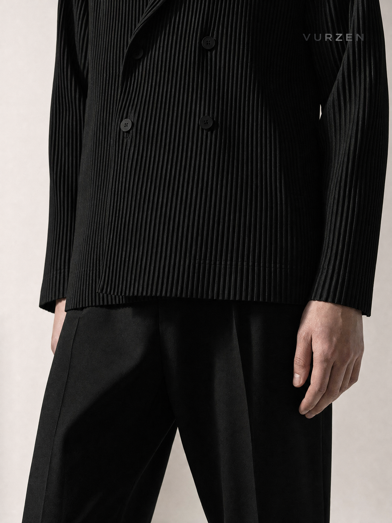 Japanese Miyake Pleated Double-Breasted Blazer detail