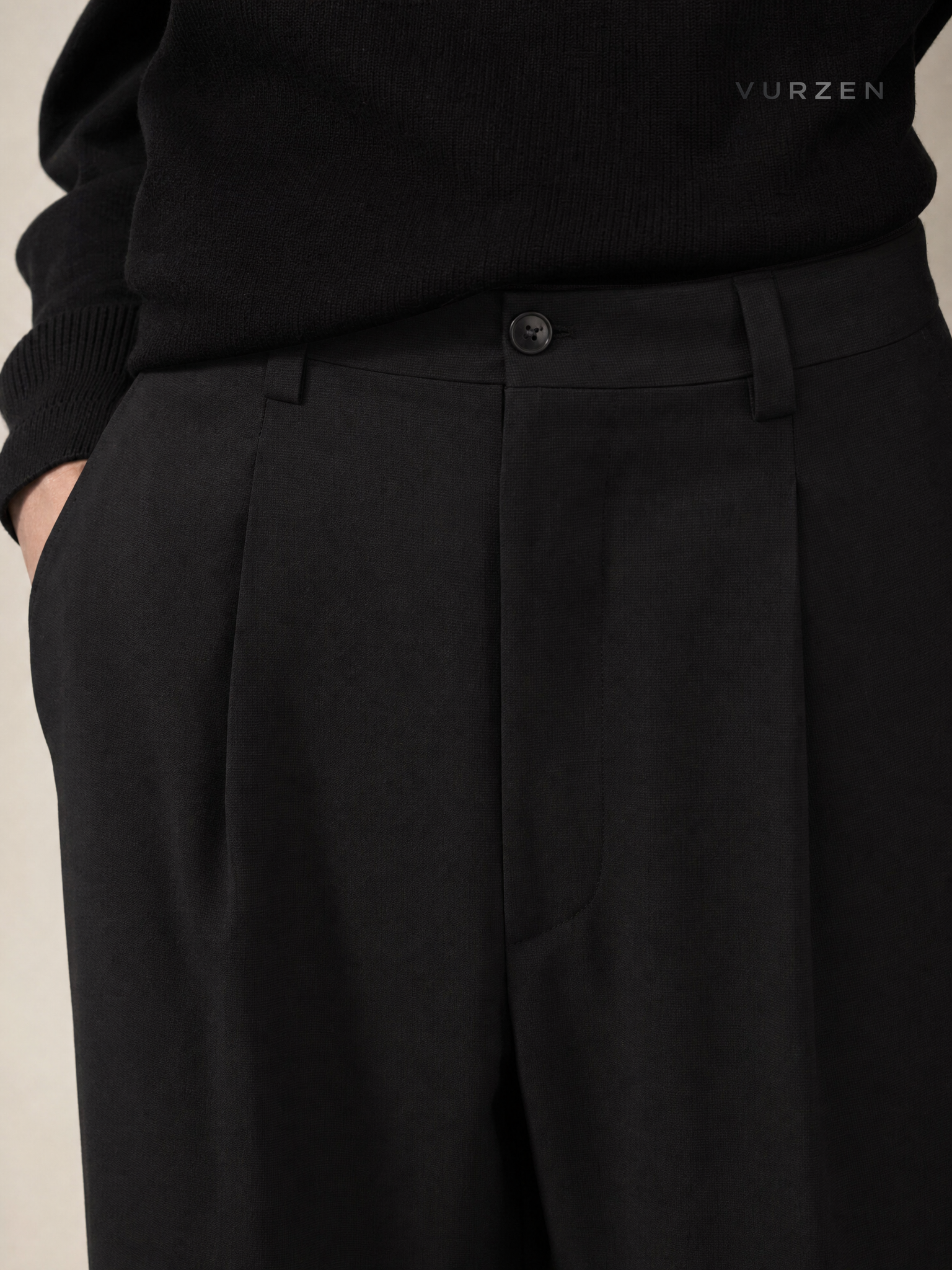 York Zoom Black High-Waist Wide-Leg Casual Pants detail