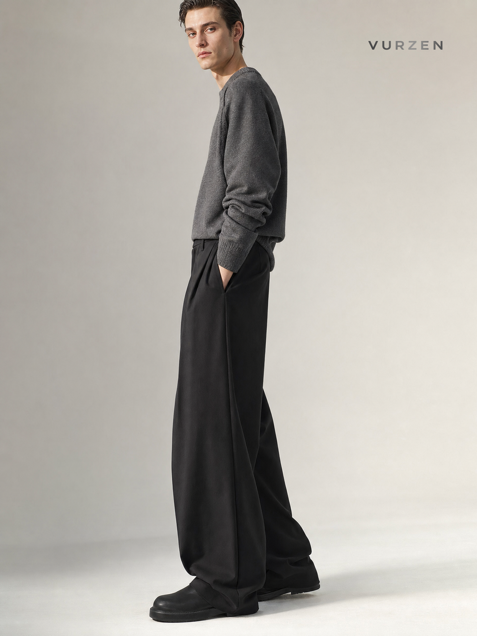Men's Black Pleated Wide-Leg Spring Autumn Trousers Men