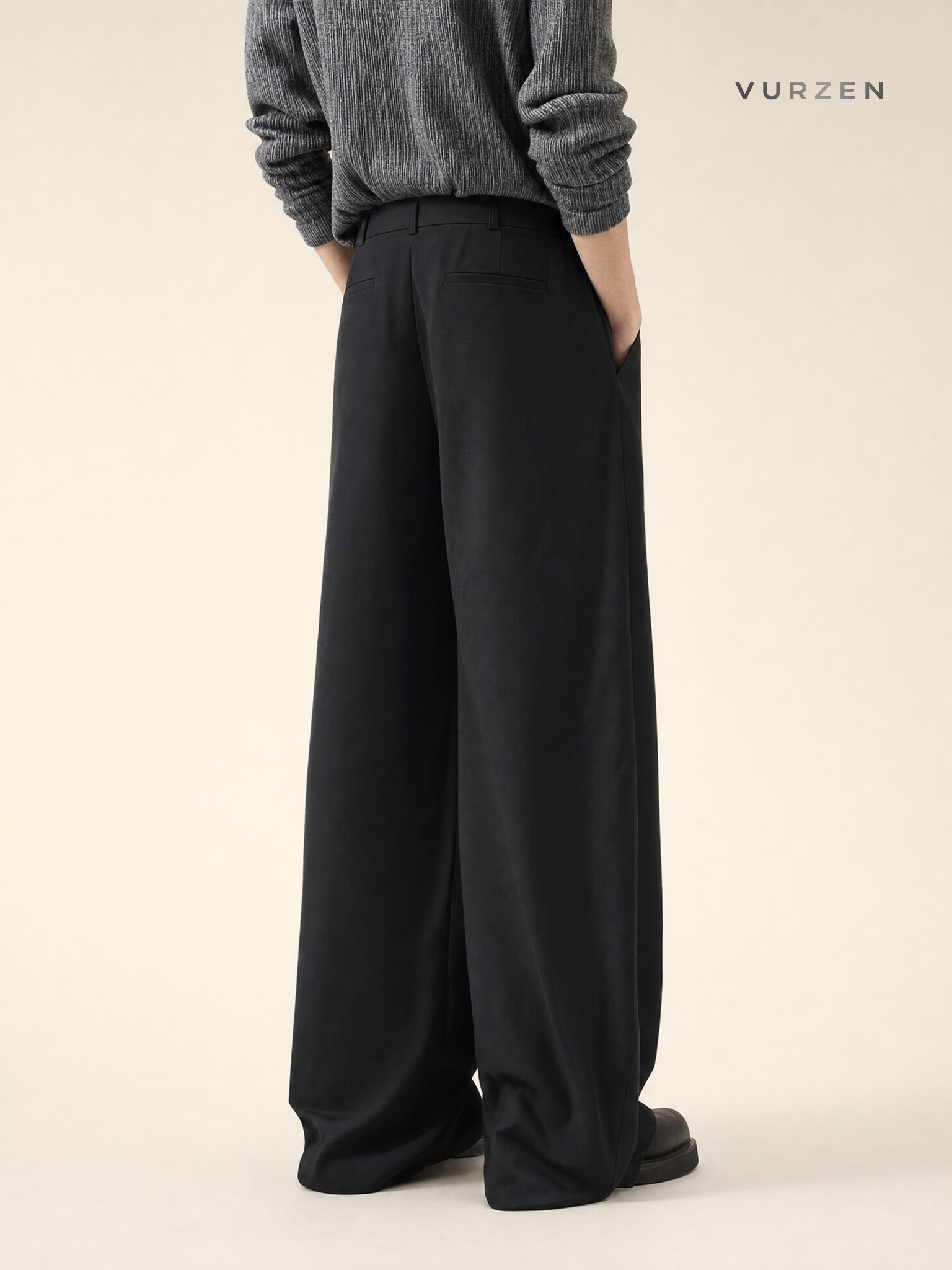 Men's Black Pleated Wide-Leg Spring Autumn Trousers Men