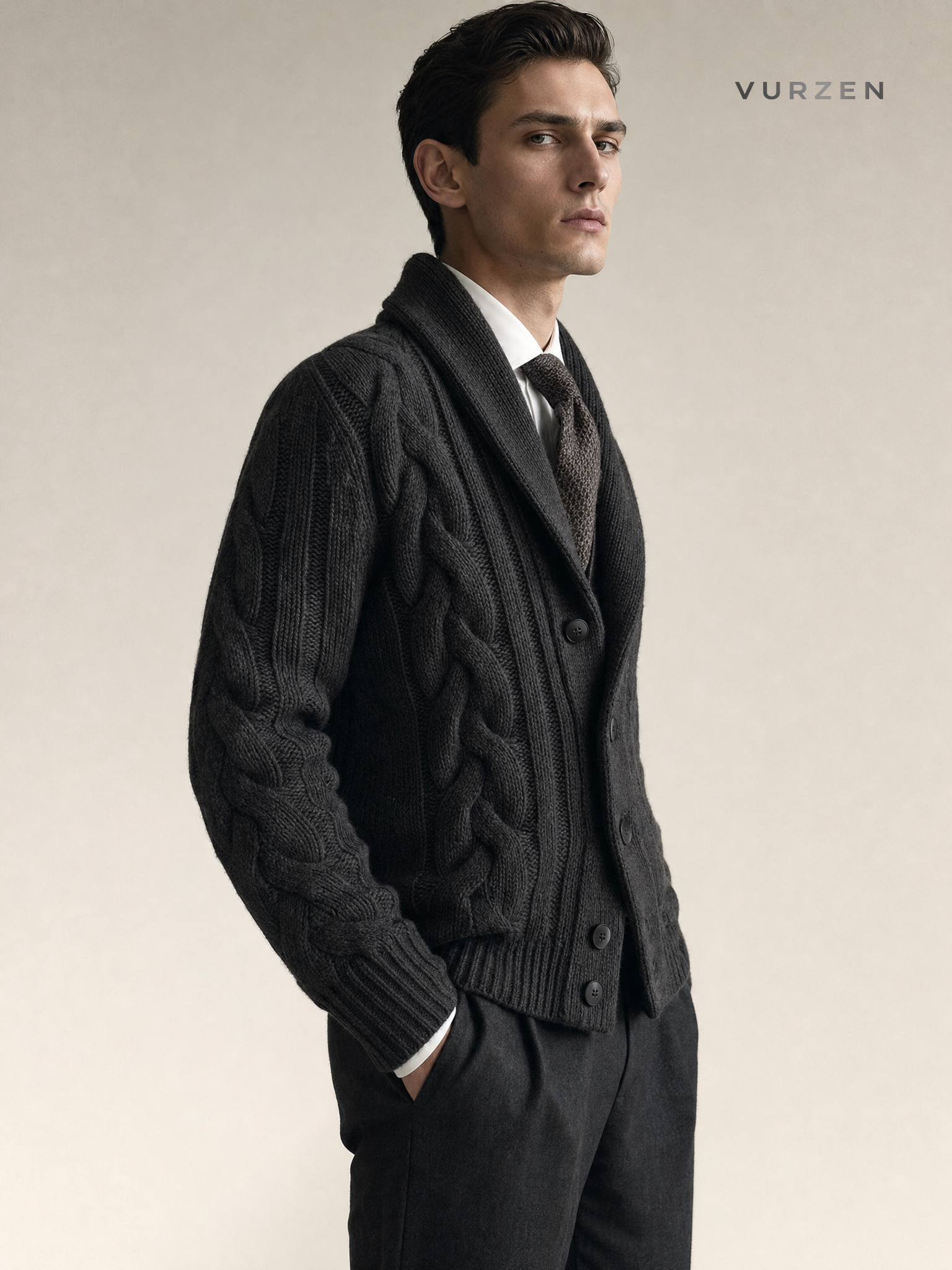 2025 Men’s Knitted Cable Cardigan with Turn-Down Collar detail