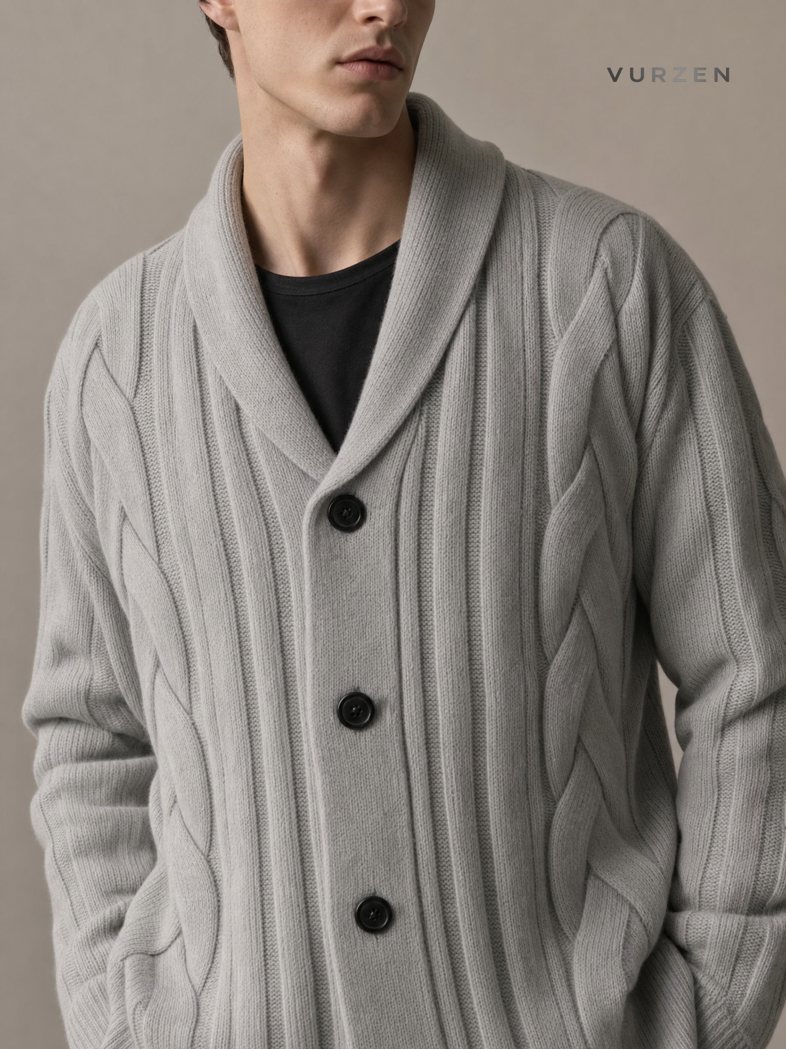 2025 Men’s Knitted Cable Cardigan with Turn-Down Collar detail