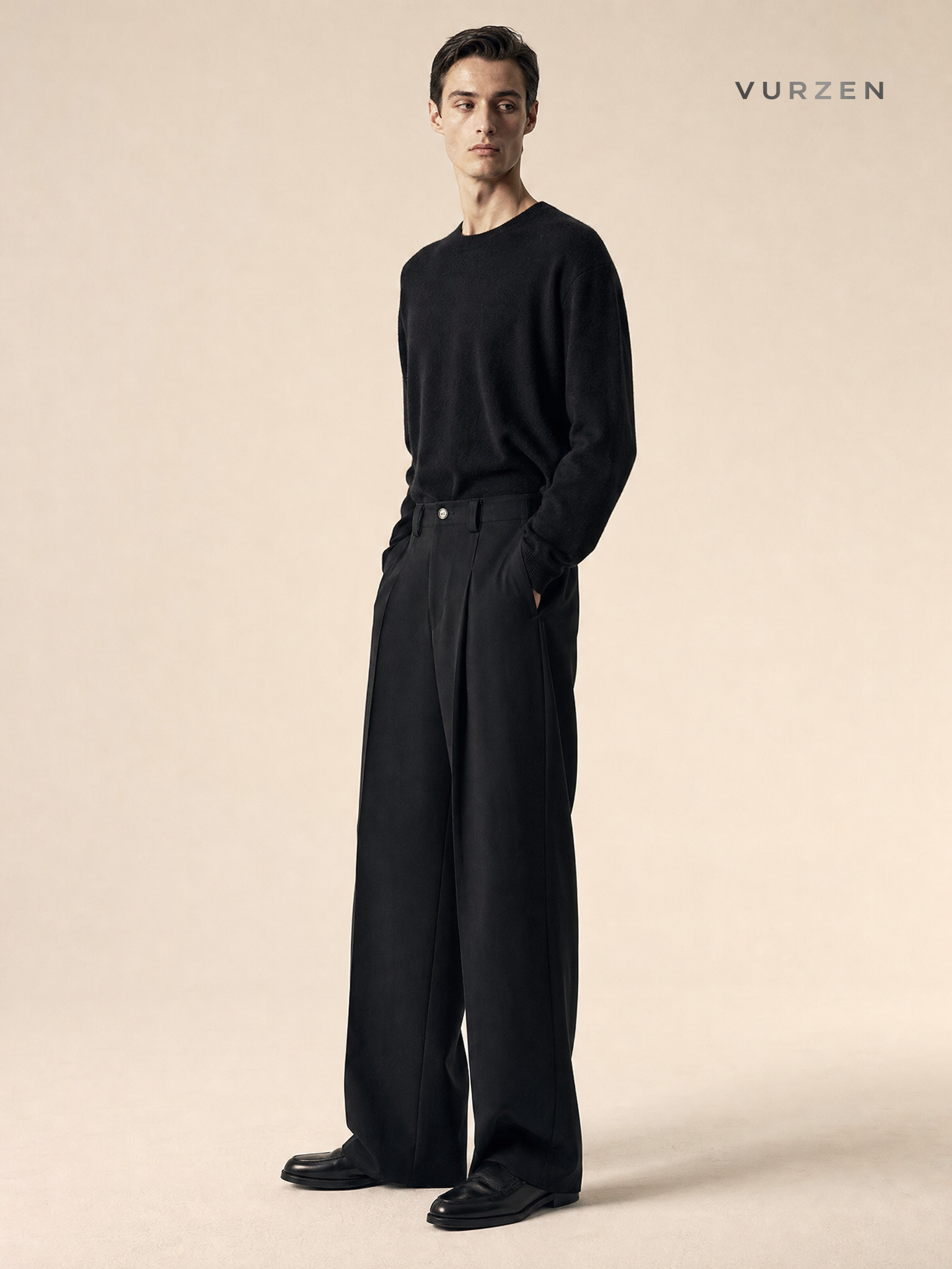 JTFS Relaxed Pleated Wide-Leg Casual Trousers detail