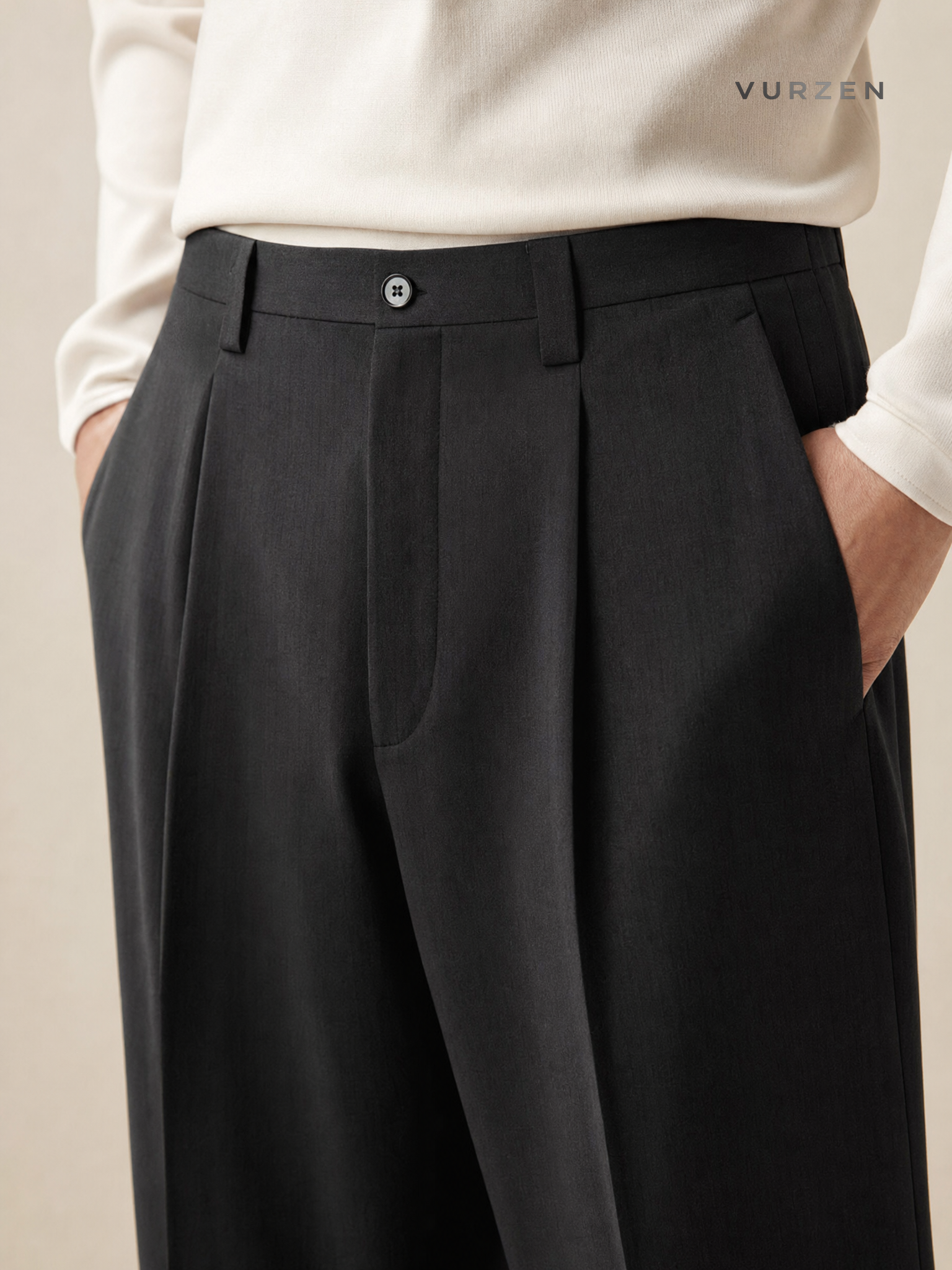 JTFS Relaxed Pleated Wide-Leg Casual Trousers detail