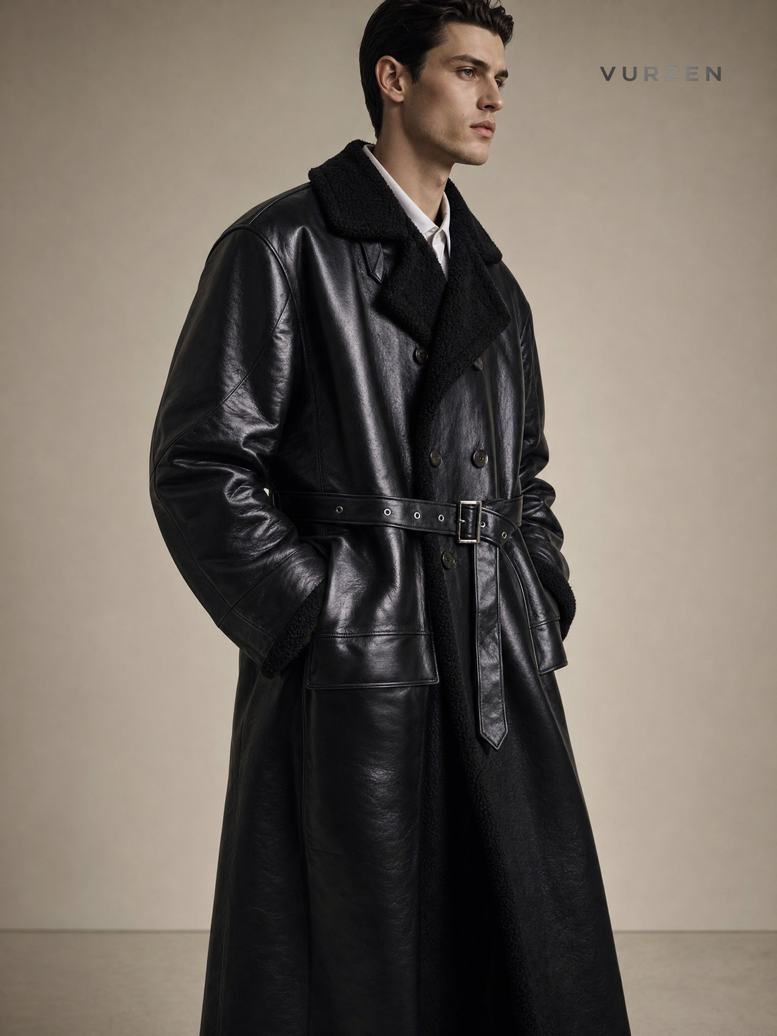 Men's Long PU Leather Trench Coat with Fleece Lining Men